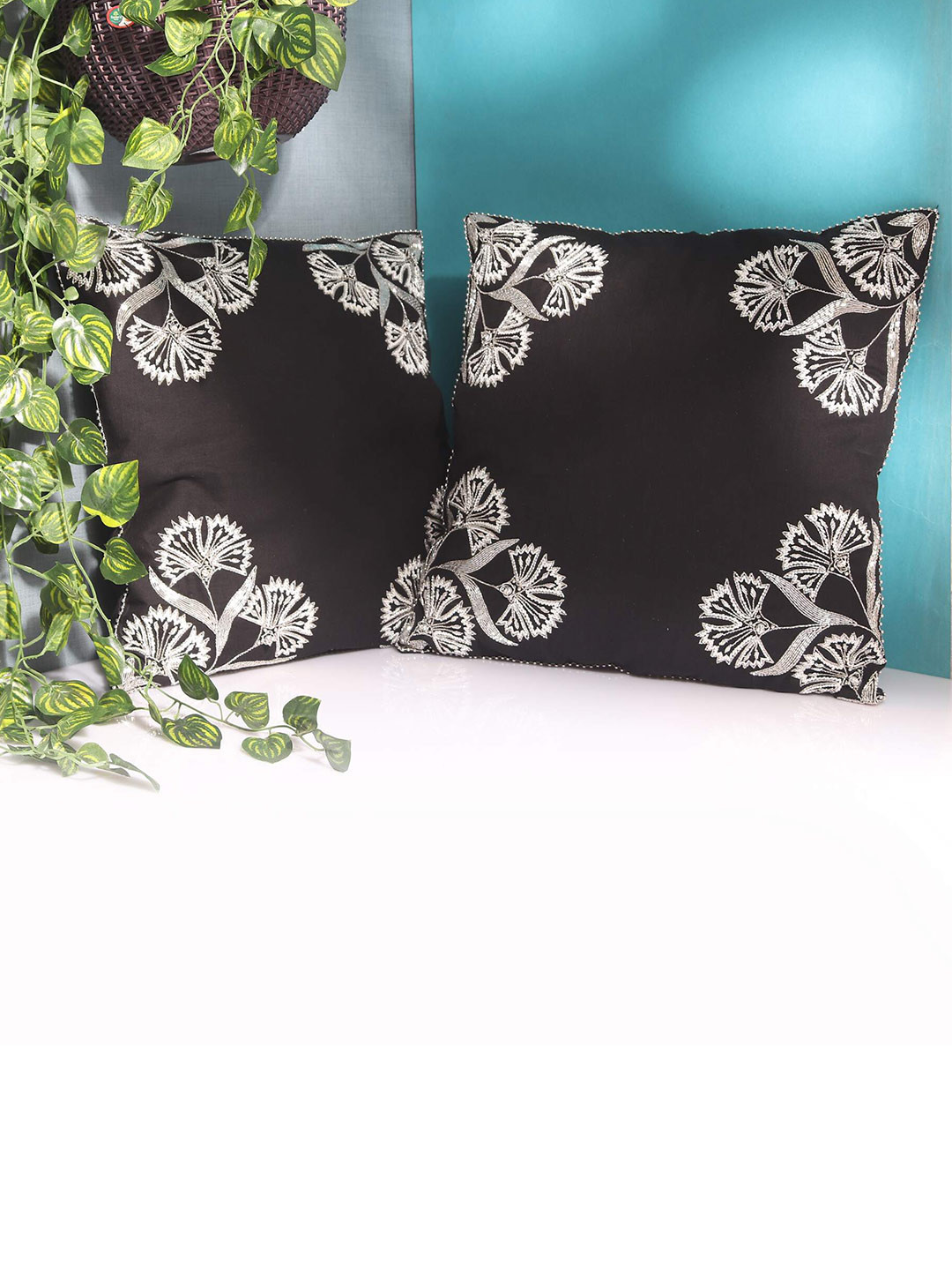 MODARTA Floral Cotton Lightweight 2 Pcs Embroidered Square Cushion Covers - 13.8 x 13.8 In