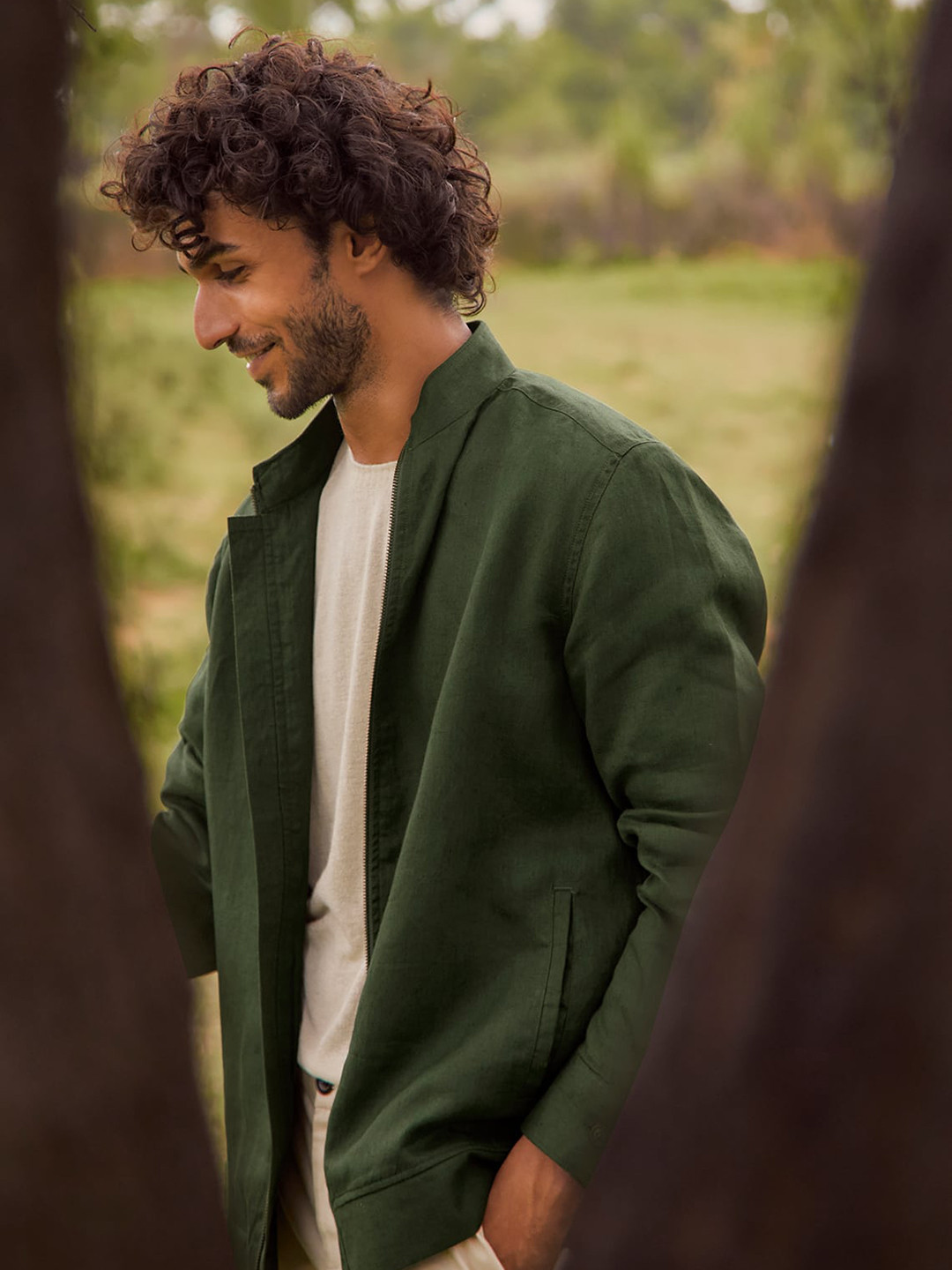 Andamen Long Sleeves Mock Collar Linen Front-Open Sweatshirts