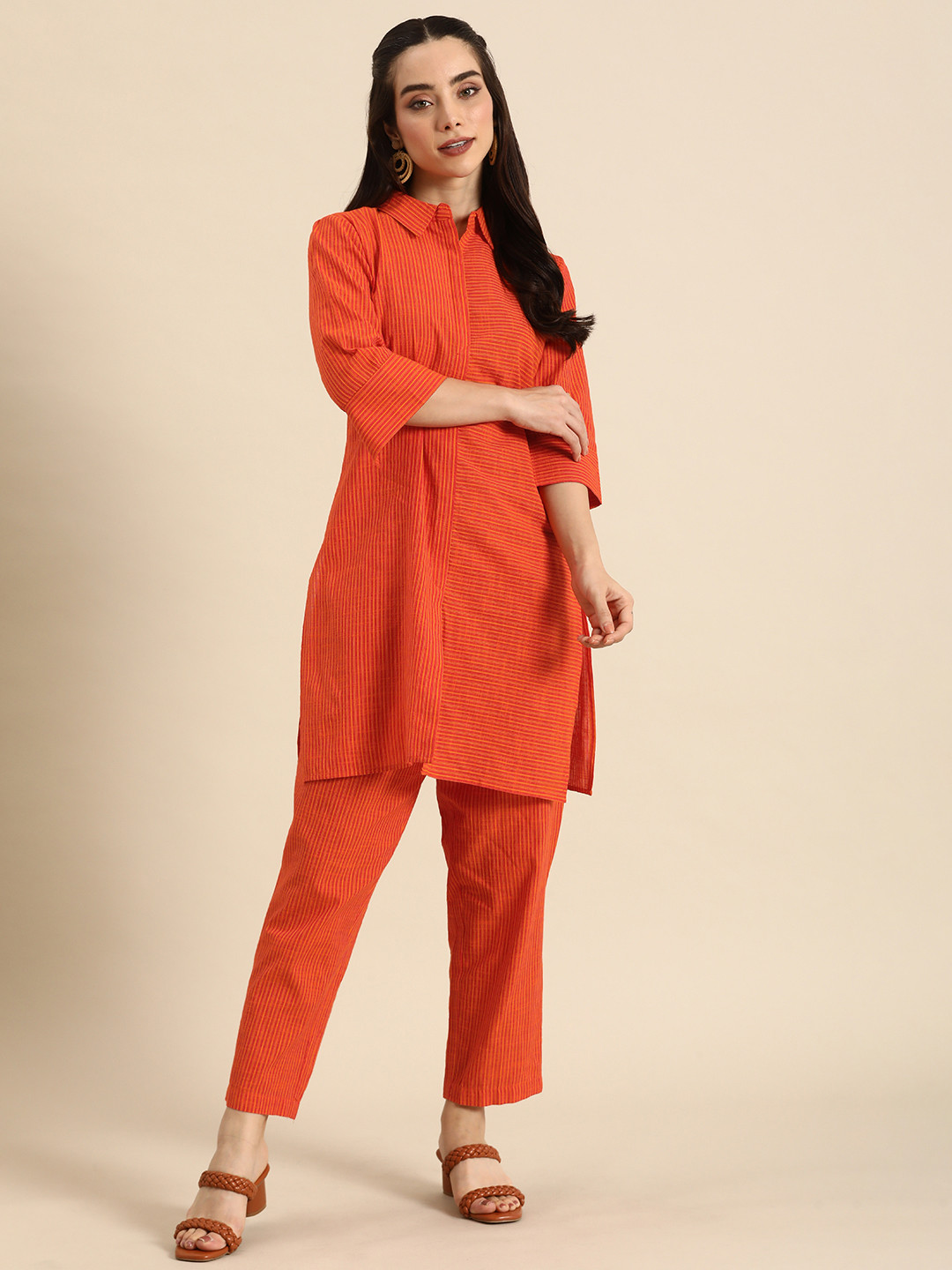 Anouk Orange Striped Shirt Collar Pure Cotton Tunic with Trousers