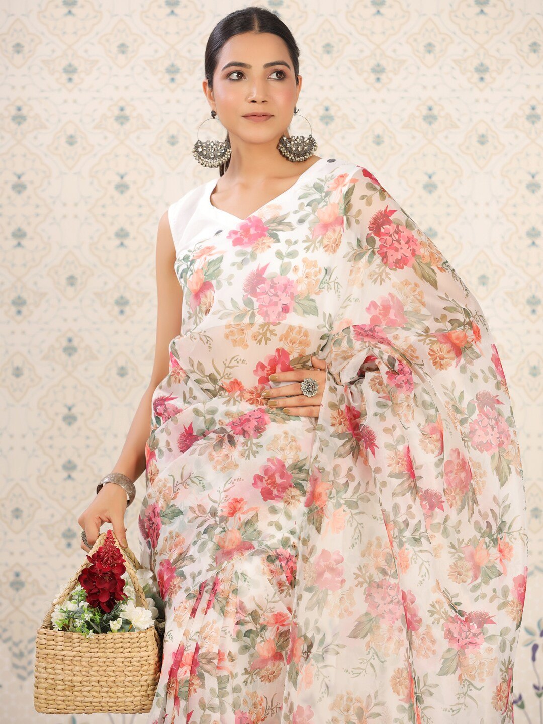 Ode by House of Pataudi White & Pink Floral  Organza Saree