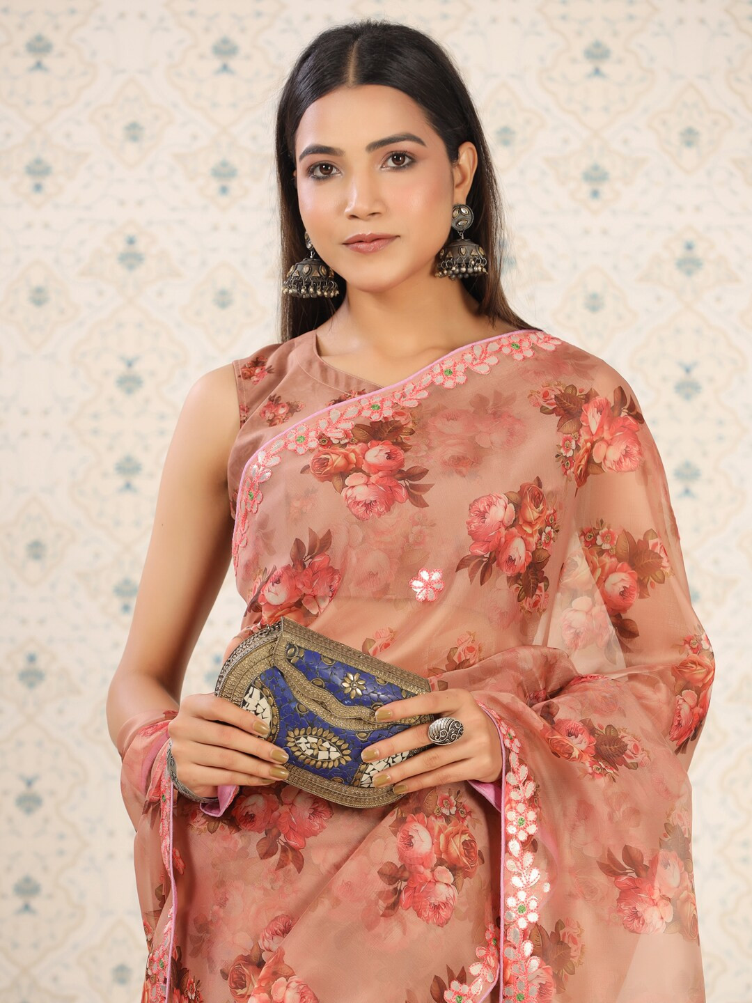 Ode by House of Pataudi Coffee Brown & Pink Floral Mirror Work Organza Saree