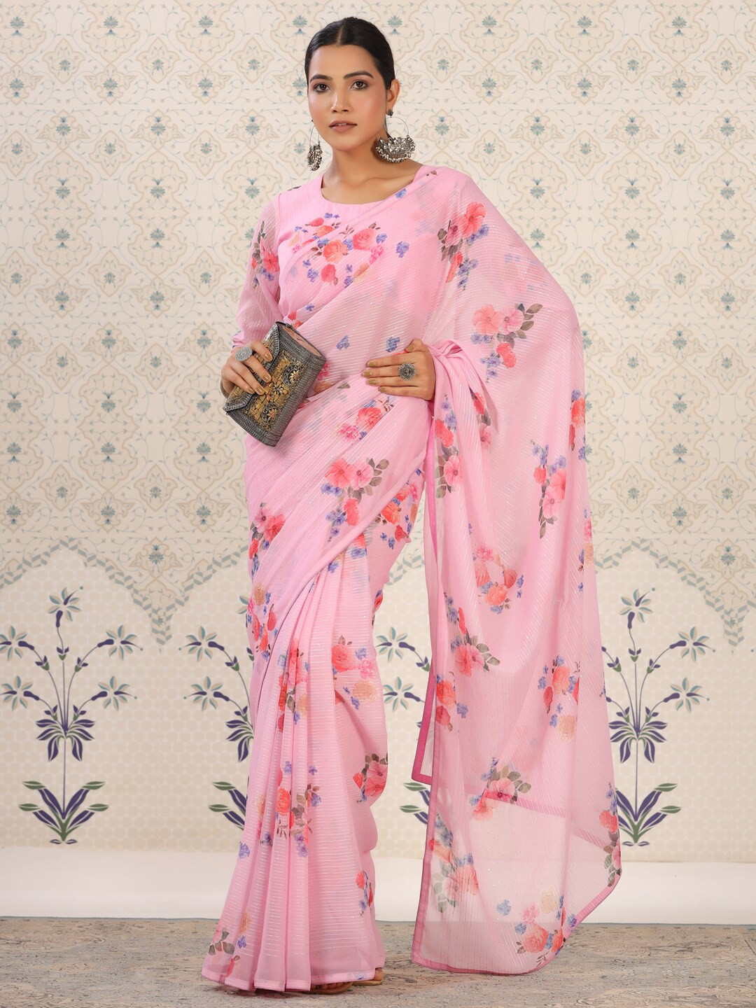 Ode by House of Pataudi Pink & Lavender Floral Printed Pure Georgette Saree