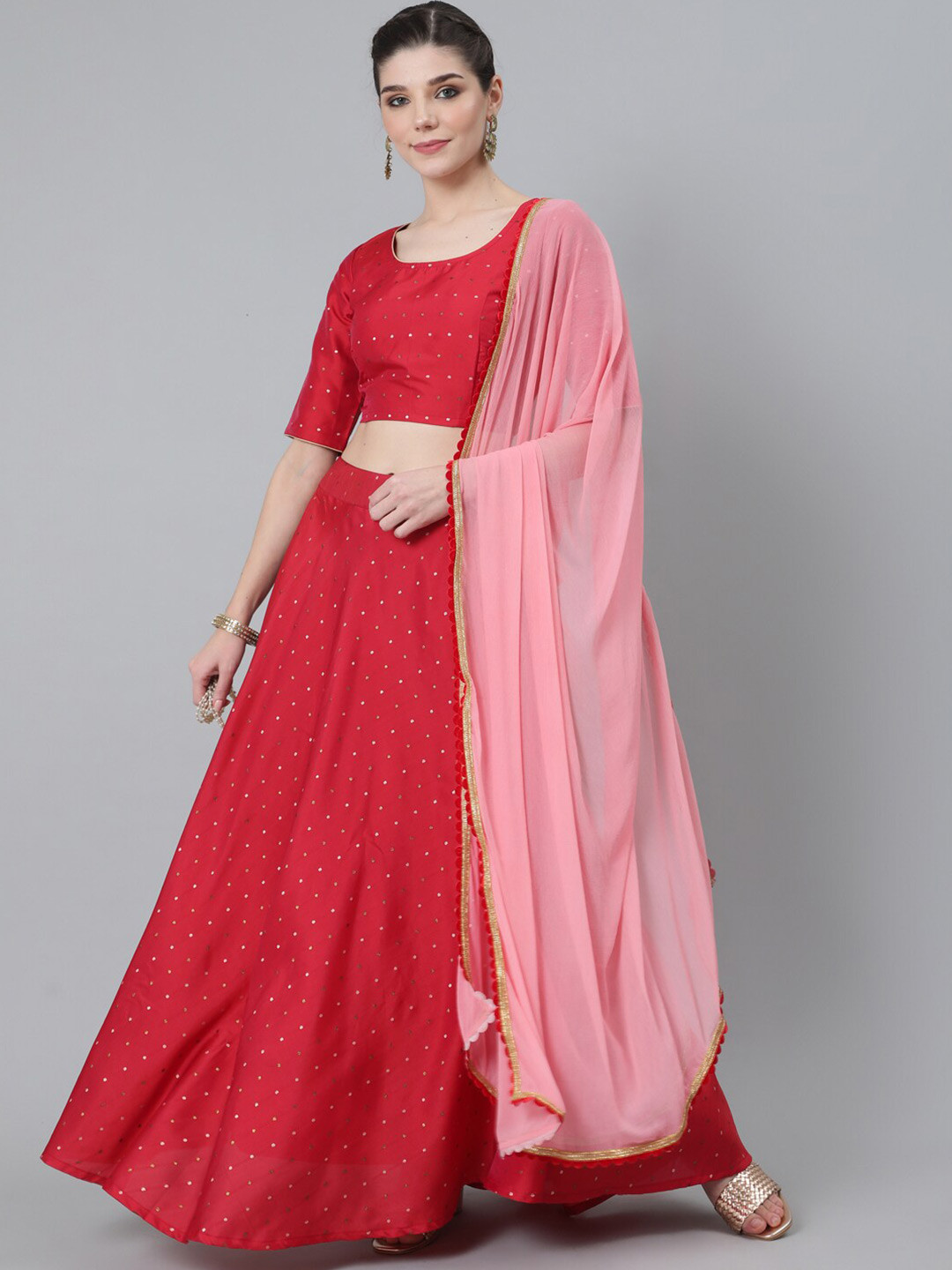 AKS Red & Pink Printed Ready to Wear Lehenga & Blouse With Dupatta