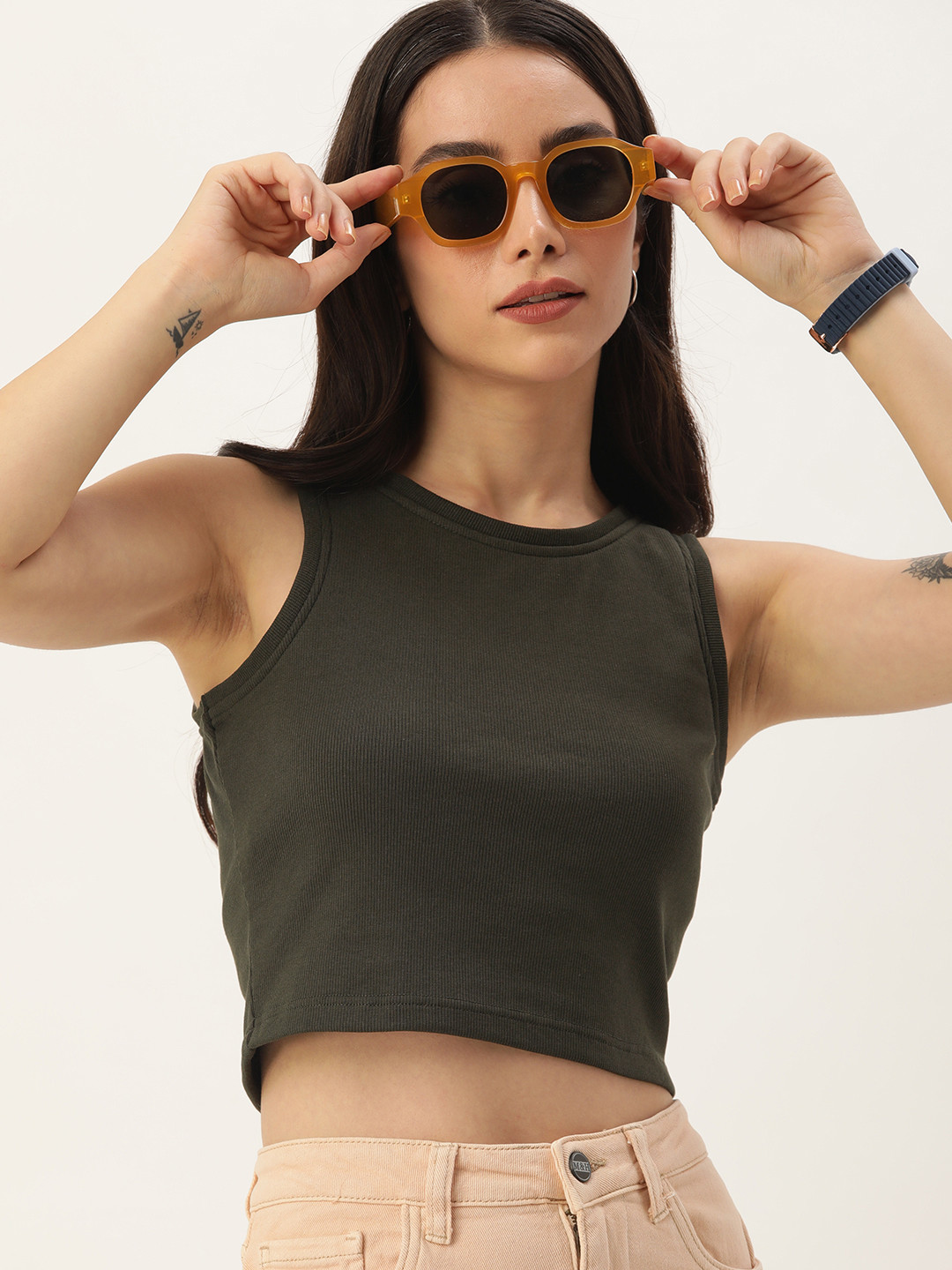 Harvard Solid Ribbed Sleeveless Fitted Crop Top