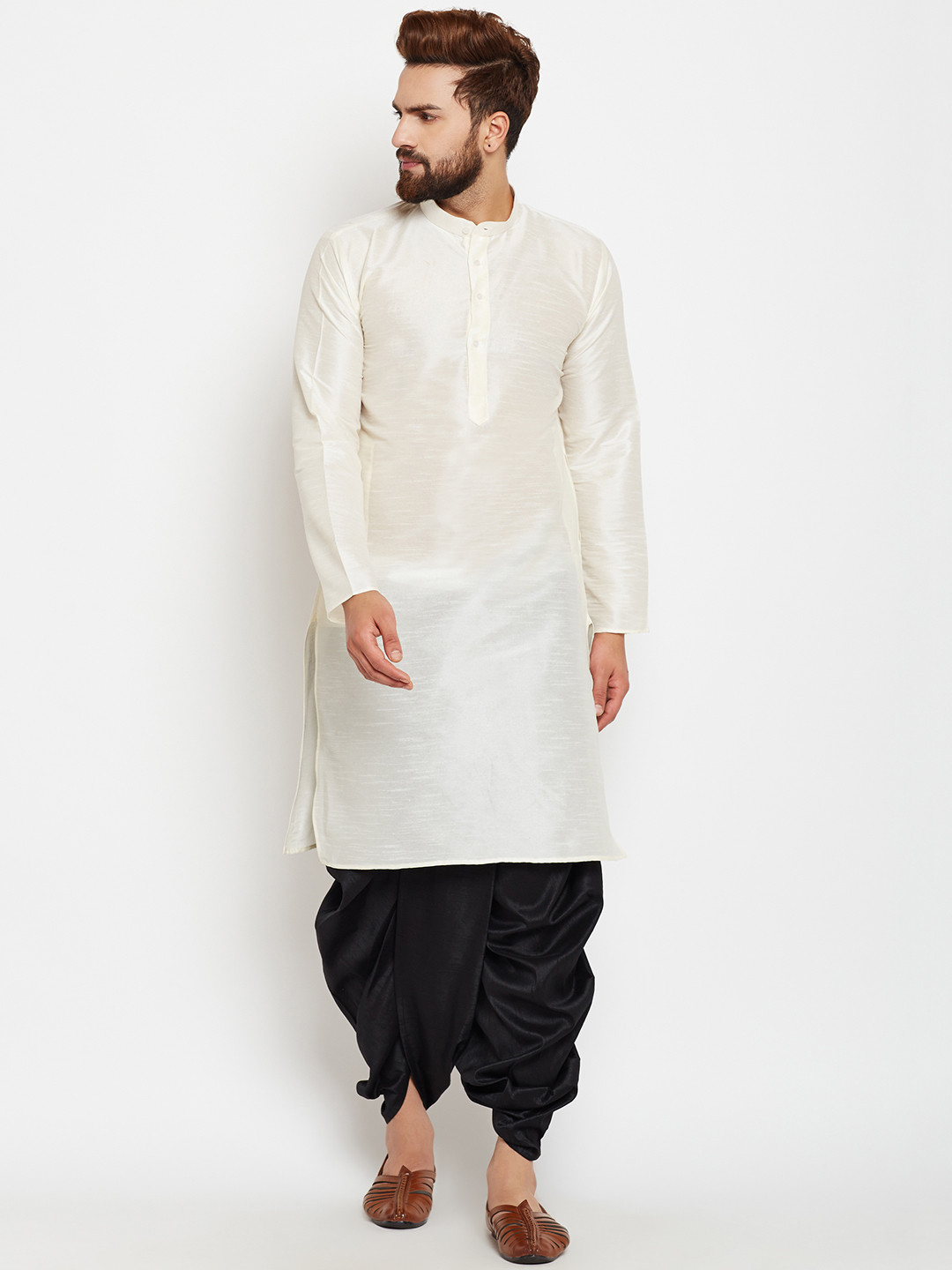 SOJANYA Men Off-White & Black Solid Kurta with Dhoti Pants