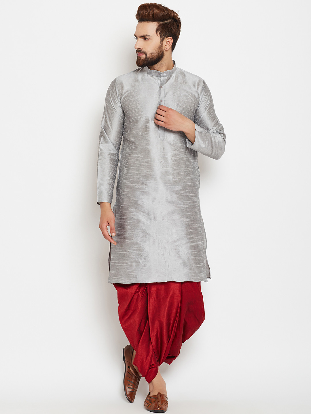 SOJANYA Men Grey & Maroon Solid Kurta with Dhoti Pants