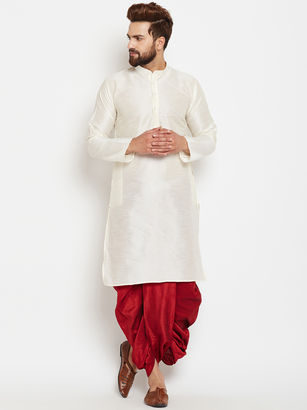 SOJANYA Men Off-White & Maroon Solid Kurta with Dhoti Pants