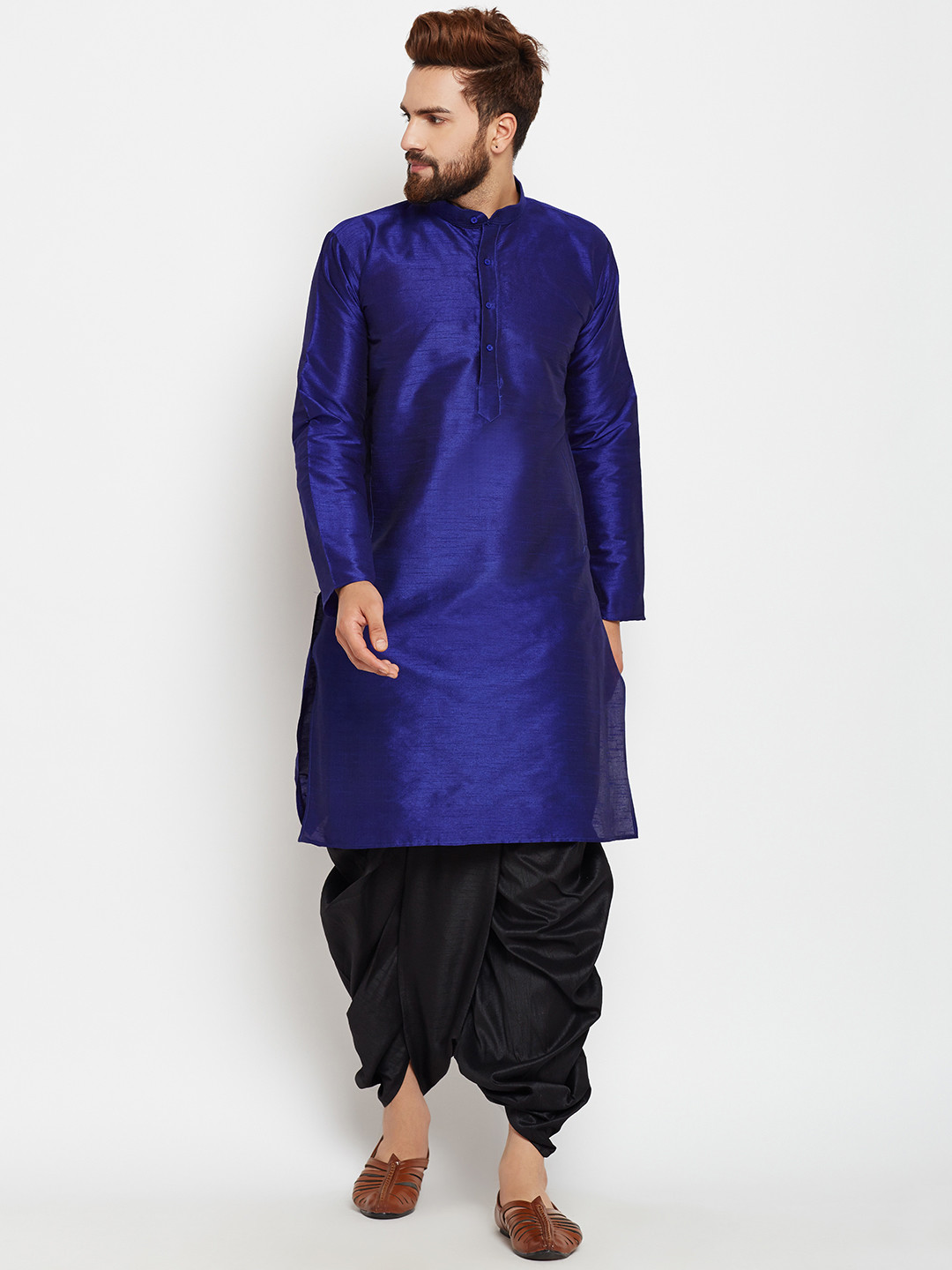 SOJANYA Men Blue & Black Solid Kurta with Dhoti Pants
