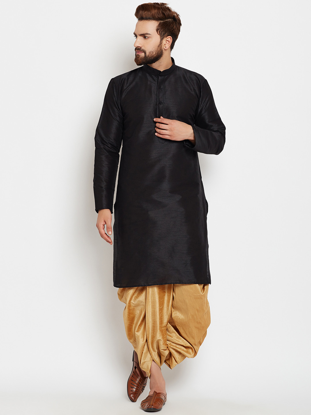 SOJANYA Men Black & Gold-Toned Solid Kurta with Dhoti Pants