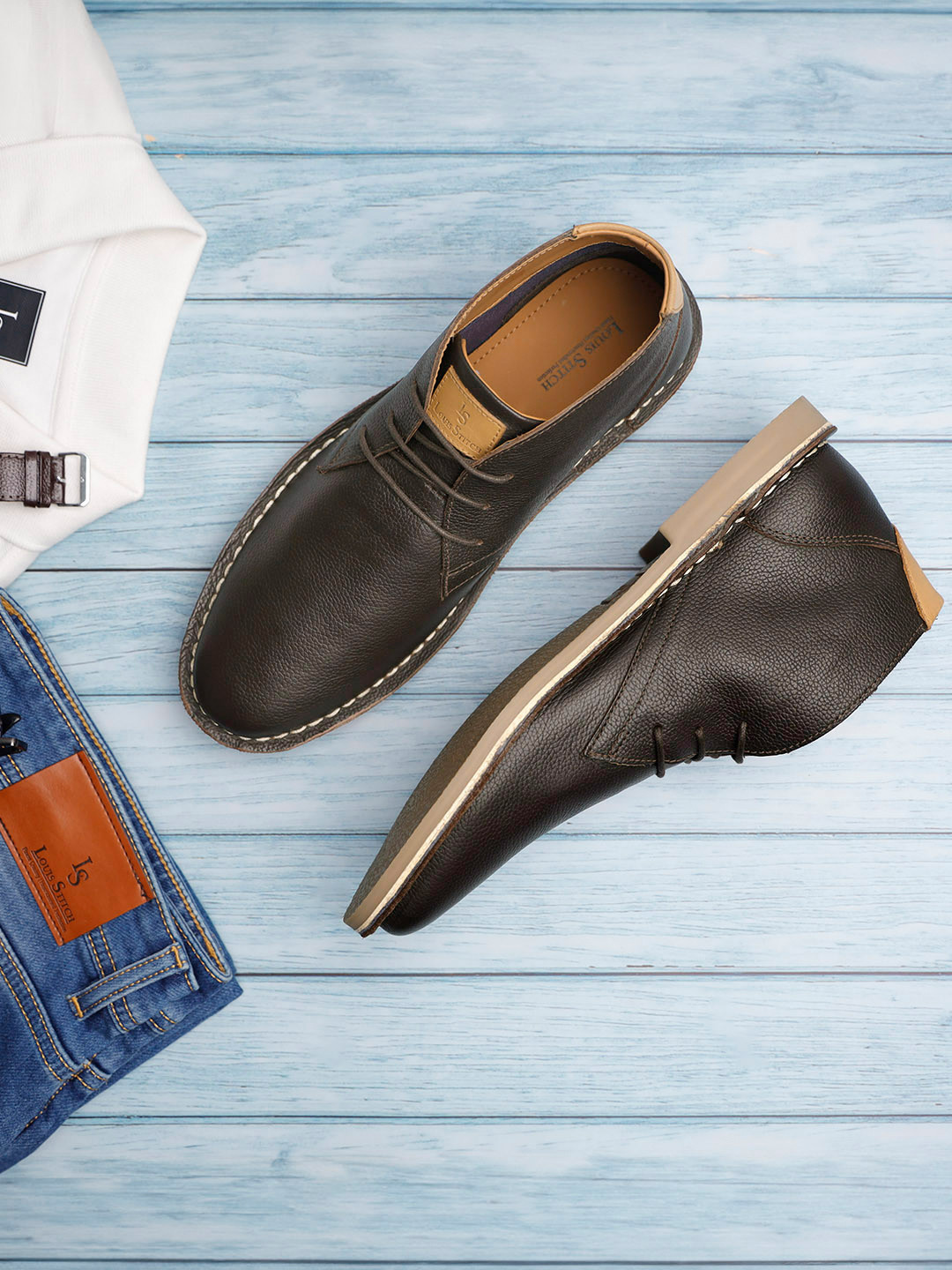 LOUIS STITCH Men Mid Top Leather Block-Heeled Desert Boots