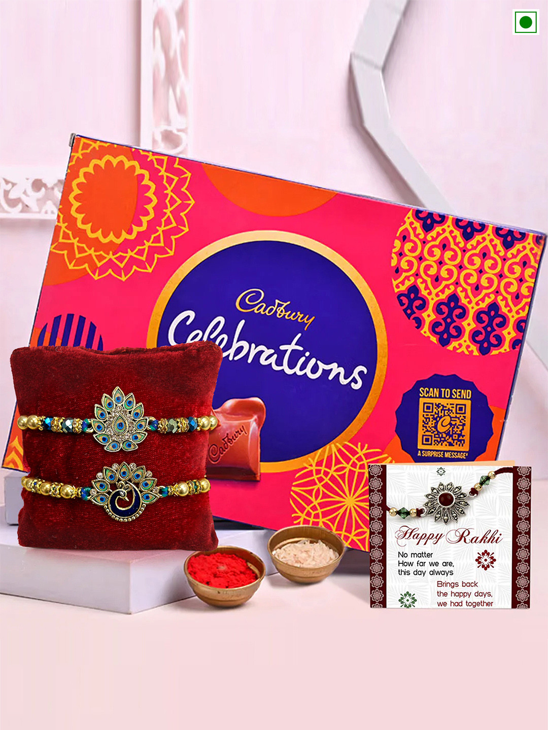 TIED RIBBONS Set of 2 Rakhi with Chocolate Box, Card & Roli Chawal Combo Gift