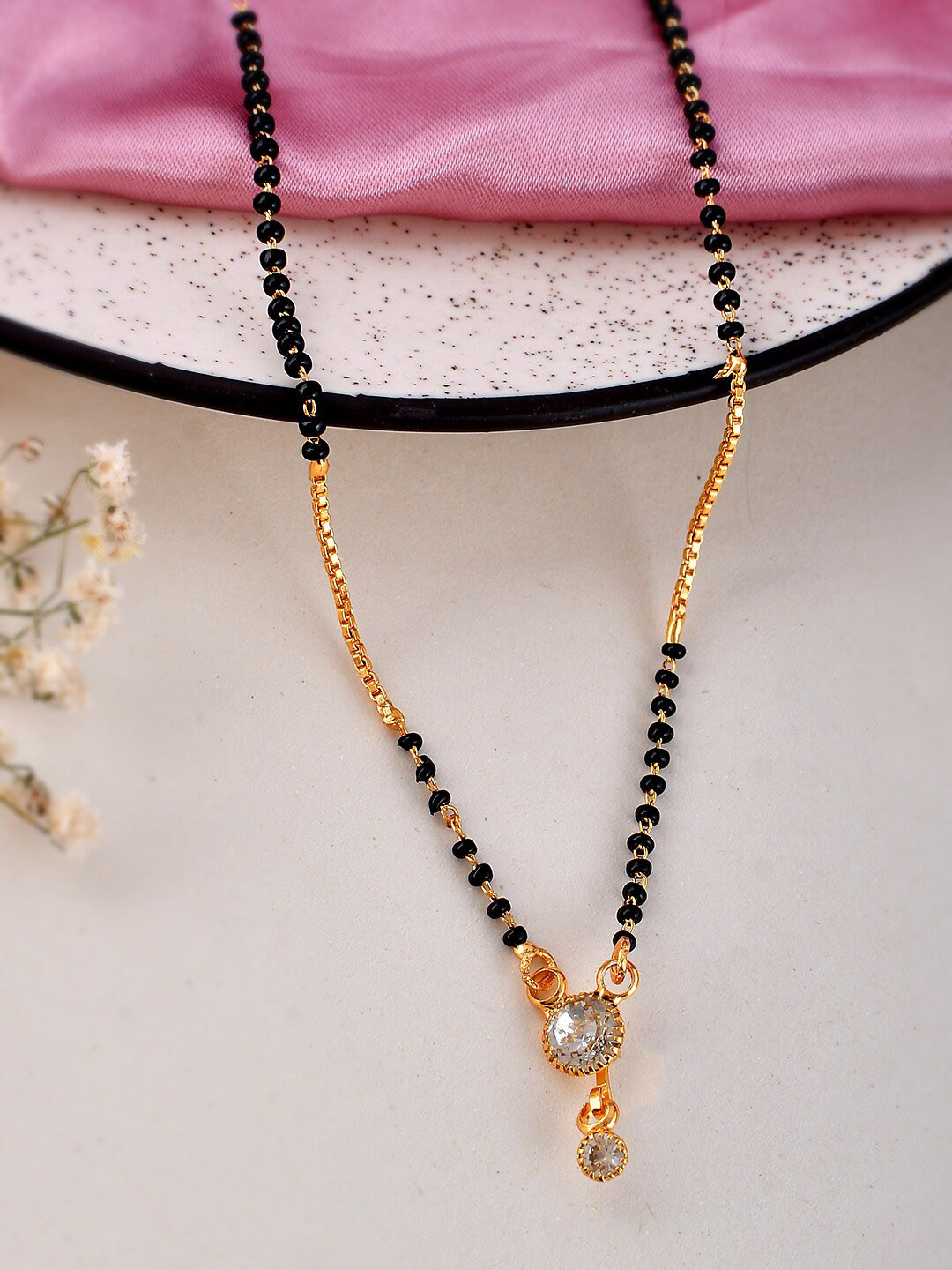 Silvermerc Designs Gold Plated American Diamond-studded & Beaded Mangalsutra