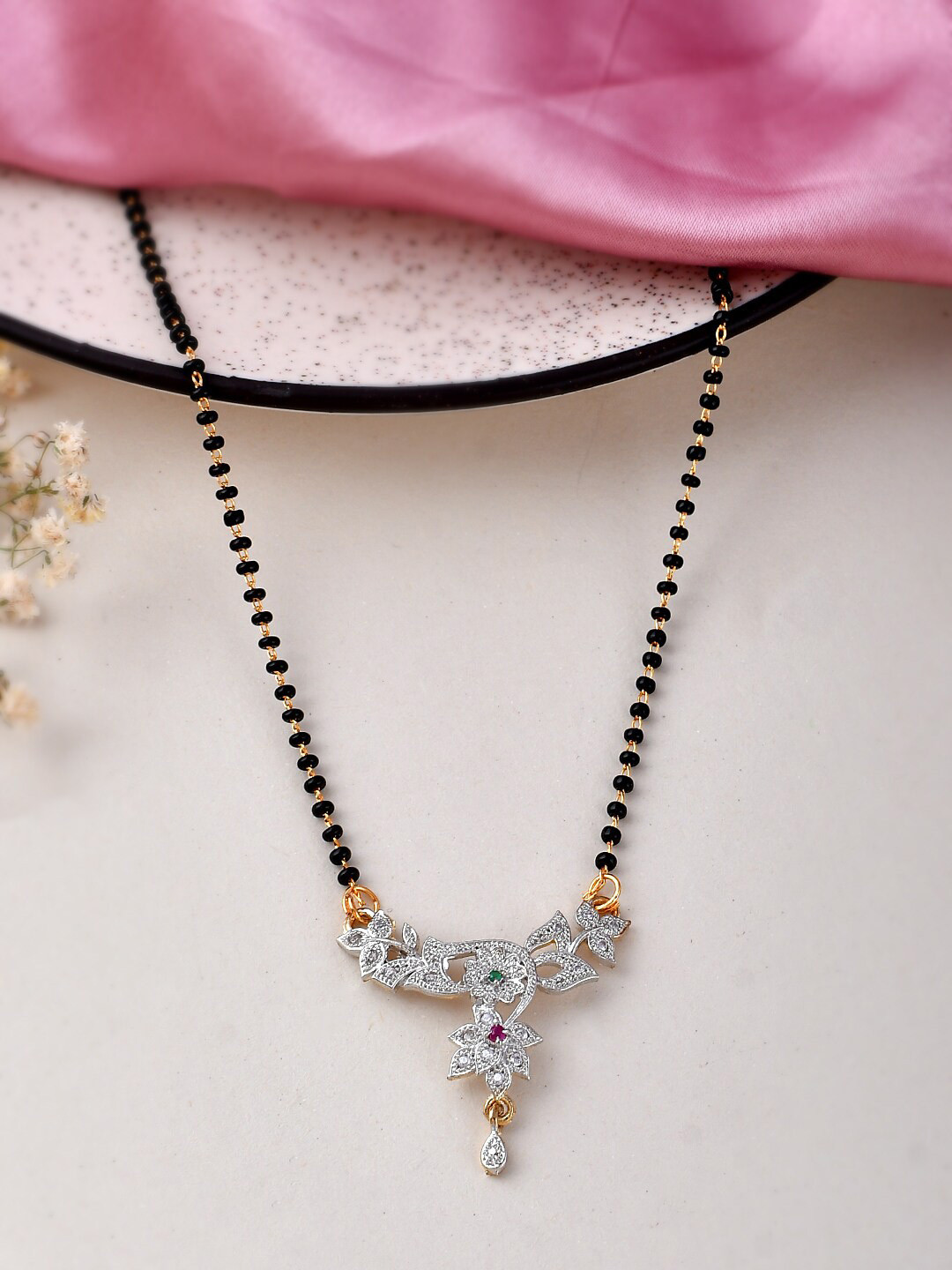 Silvermerc Designs Gold Plated American Diamond-studded & Beaded Mangalsutra