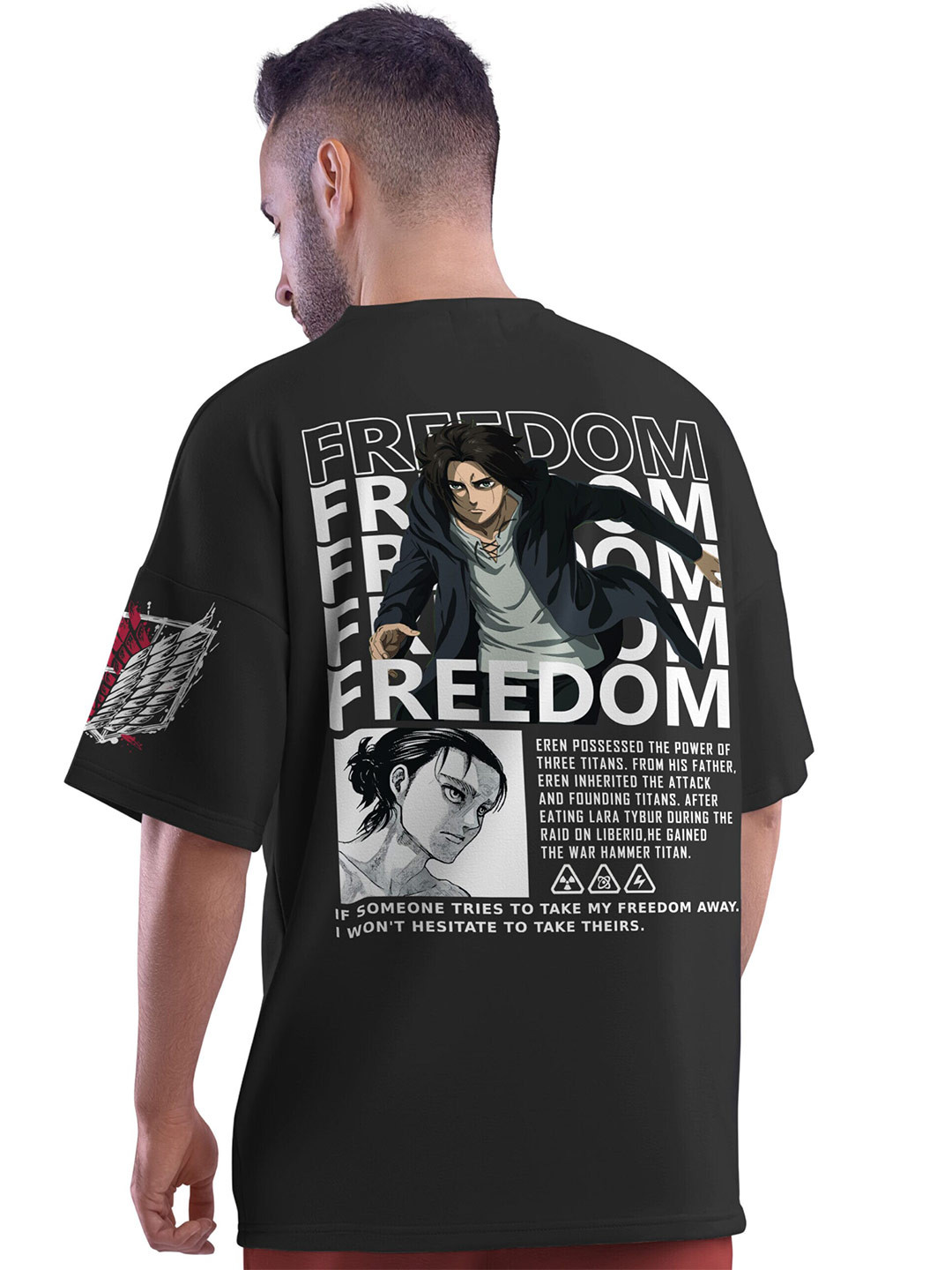 Crazymonk Men Eren X Freedom Anime Printed Oversized Cotton T-shirt