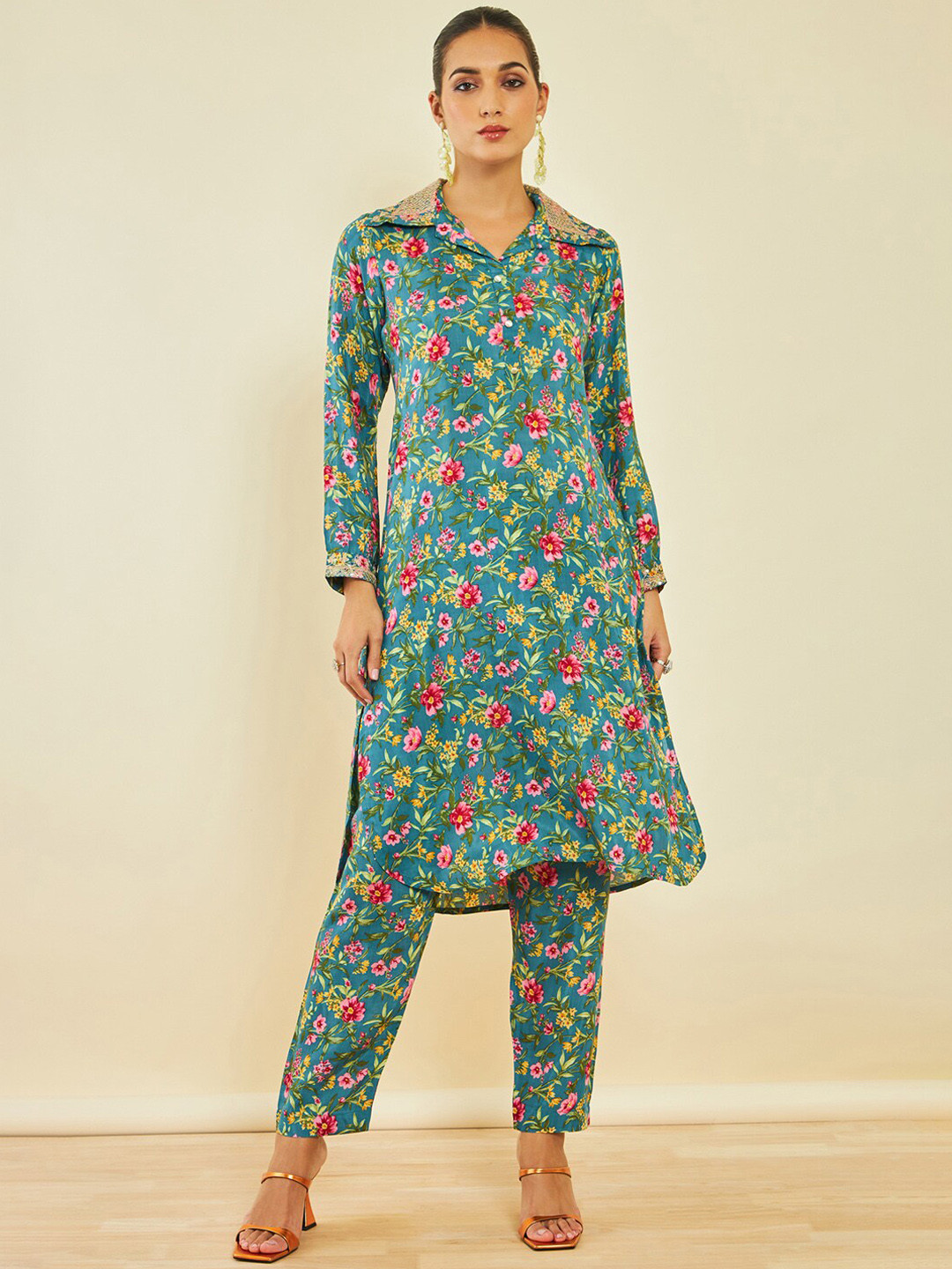Soch Floral Kalamkari Printed Shirt Collar Kurta with Trousers