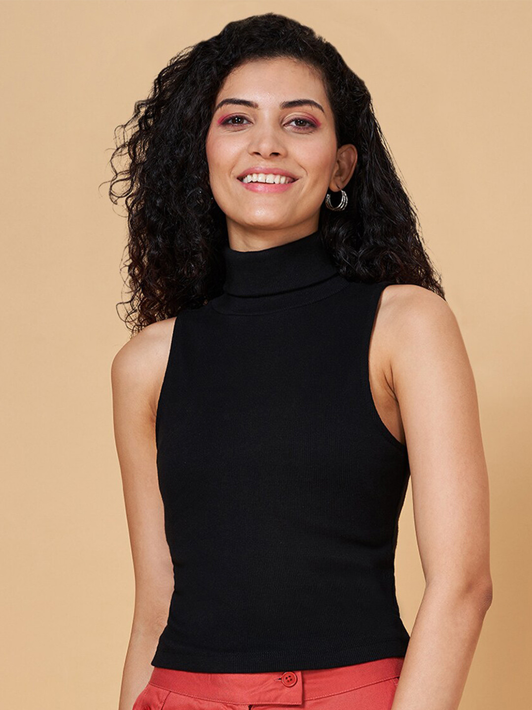 People Black High Neck Cotton Top