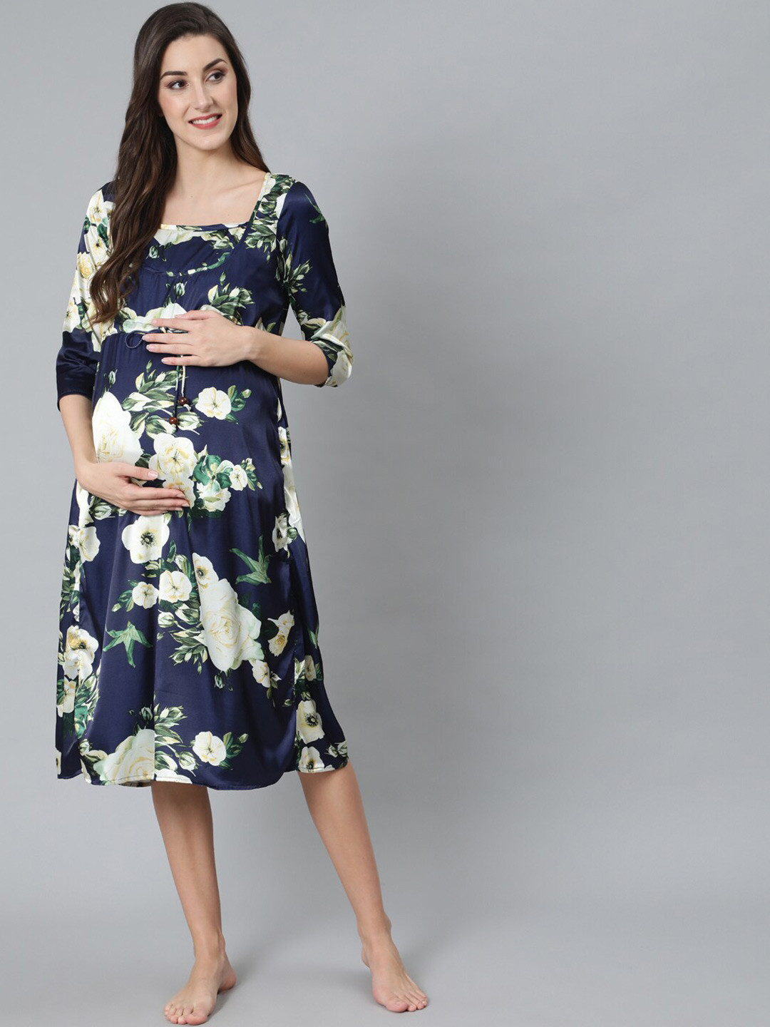AKS Floral Printed Puff Sleeves Satin Maternity Satin Fit & Flare Midi Dress
