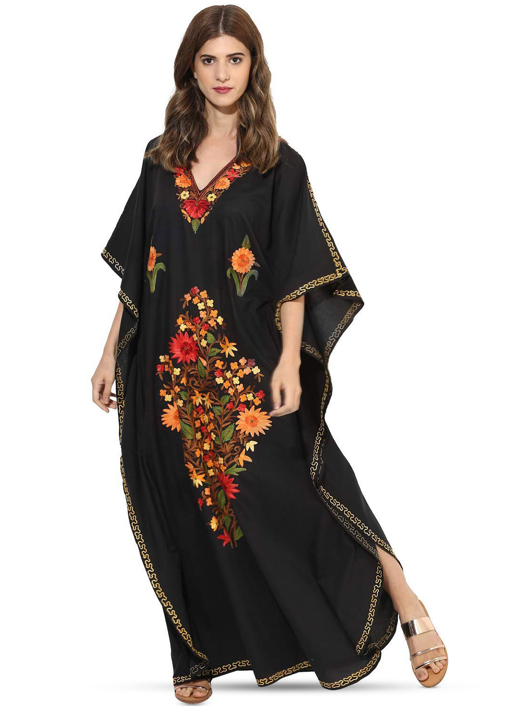 CRAFTBAZAR Black Floral Print Kimono Sleeve Kaftan Maxi Dress