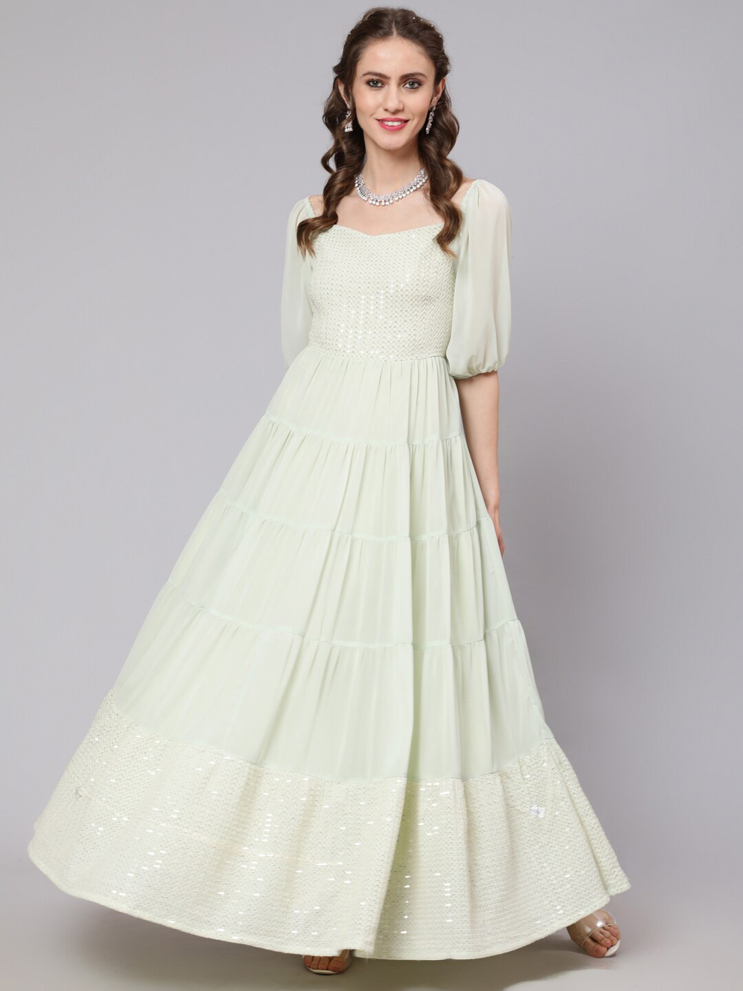 AKS Couture Sequin Embellished Tiered Georgette Maxi Dress