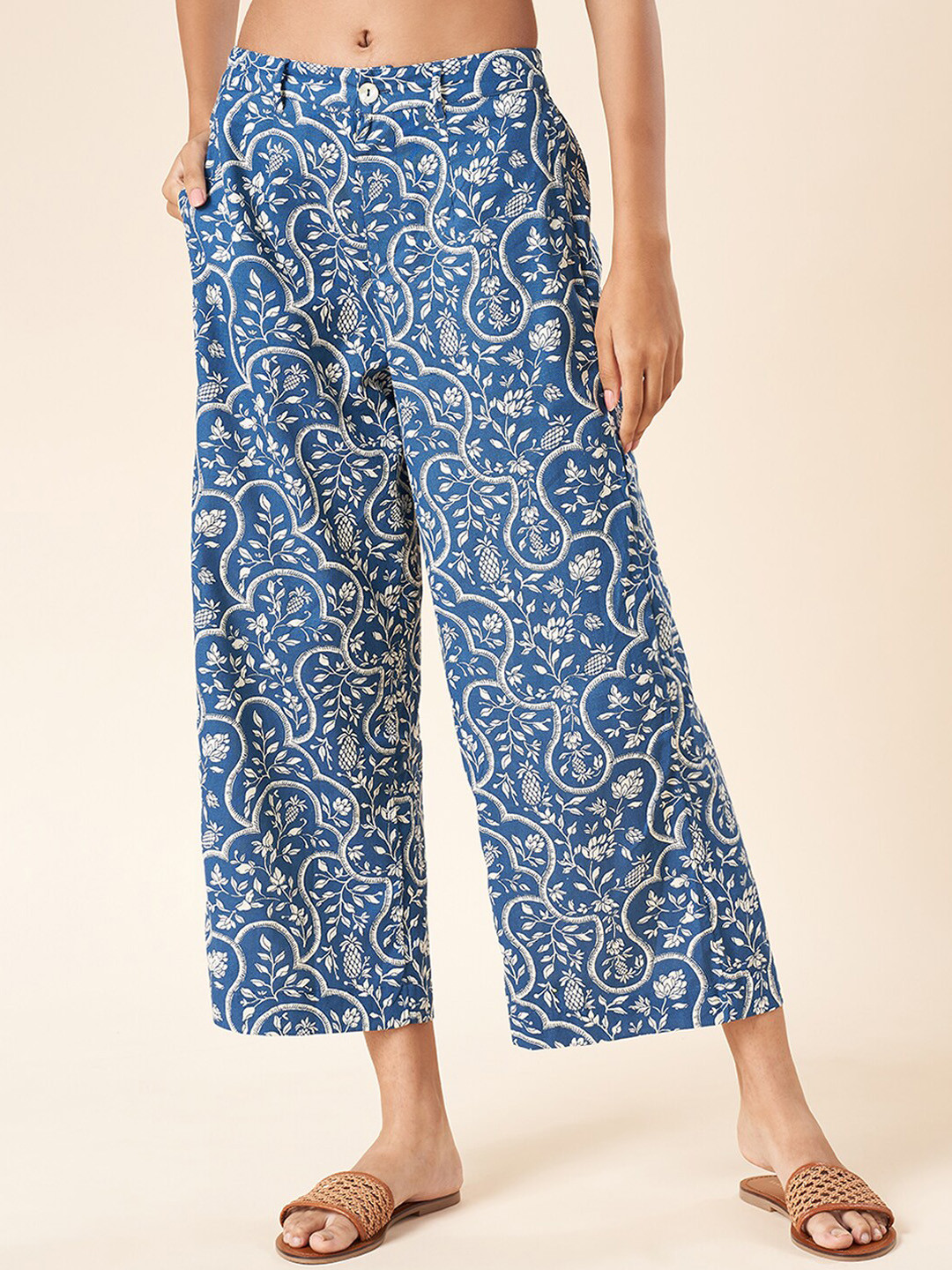 AKKRITI BY PANTALOONS Women Ethnic Motifs Printed Flared Cotton Linen Parallel Trousers