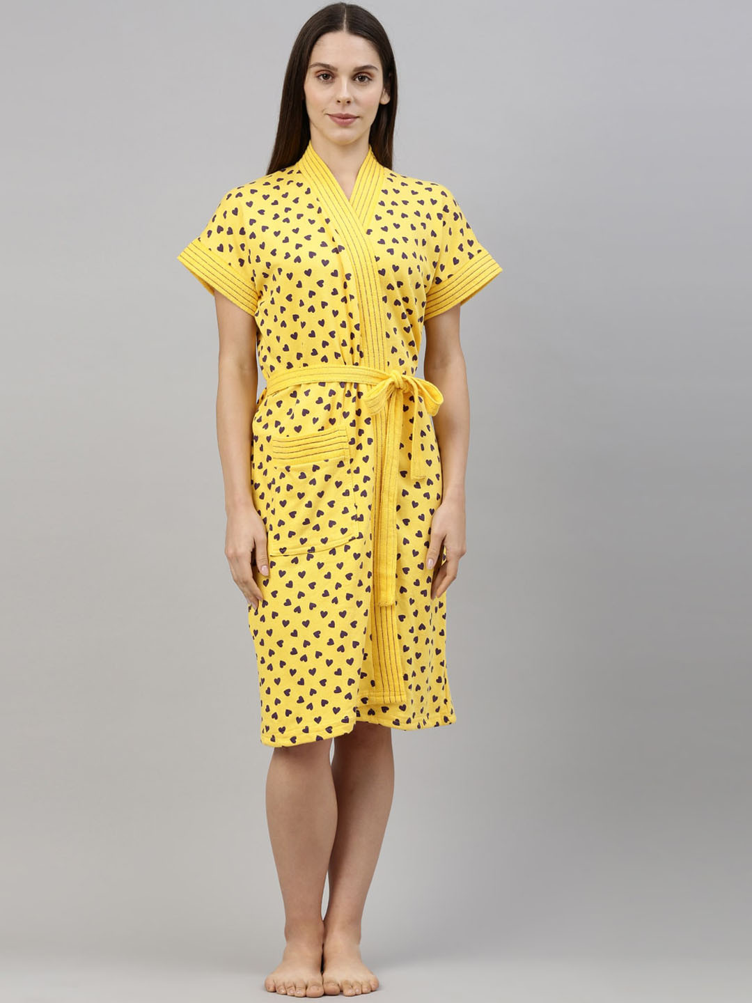 GOLDSTROMS Yellow Conversational Cotton Drawstring Knee Length Bath Robe-M/L