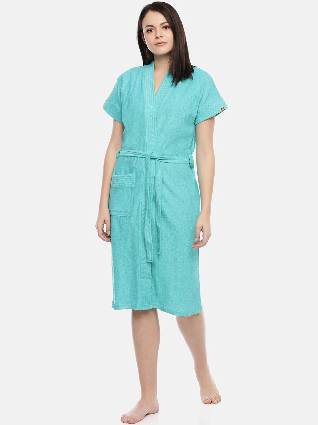 GOLDSTROMS Sea-Green Knee-Length Tie-Up Detail Cotton Bath Robe