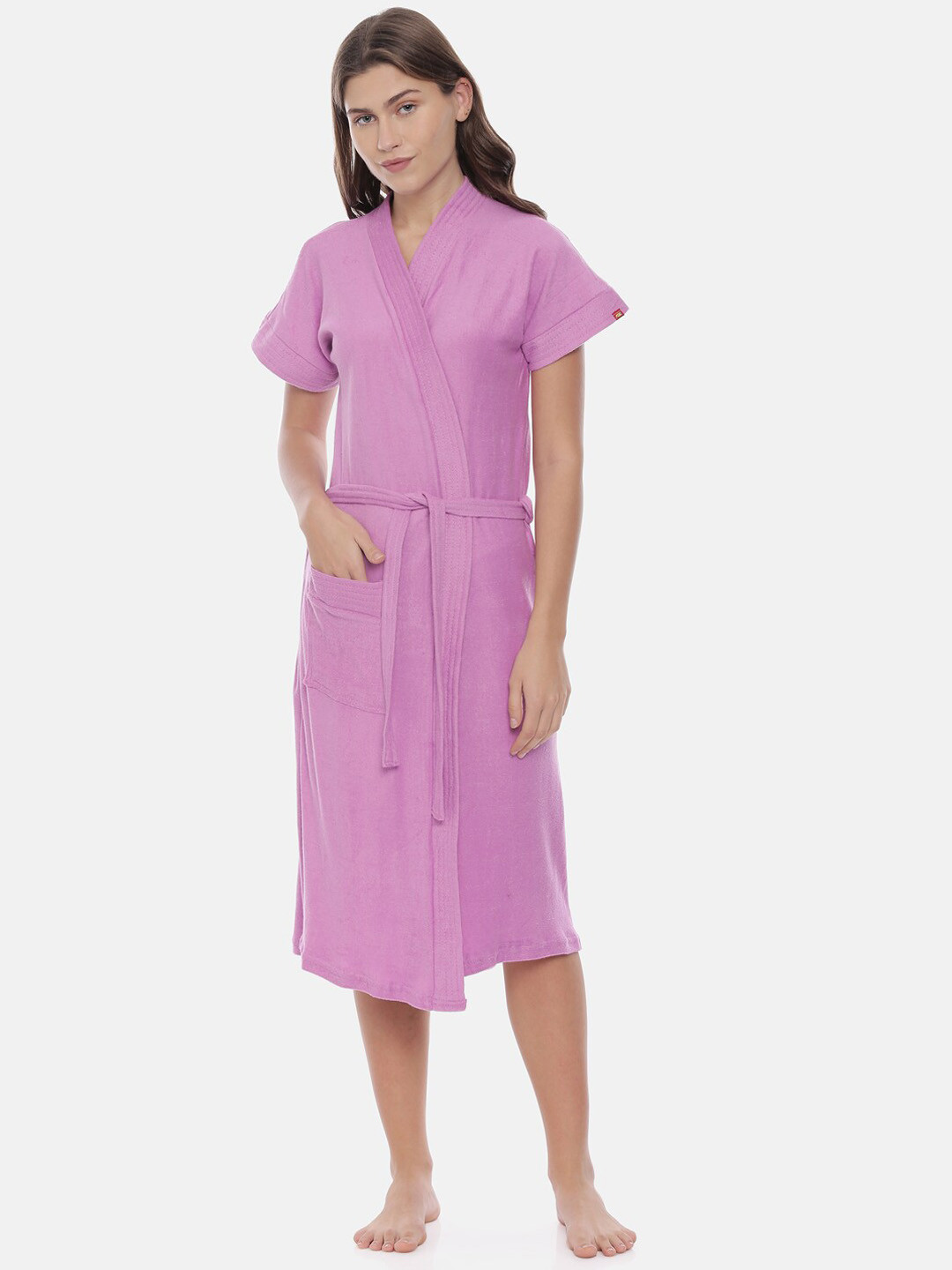 GOLDSTROMS Pink Solid Cotton Drawstring Knee Length Bath Robe