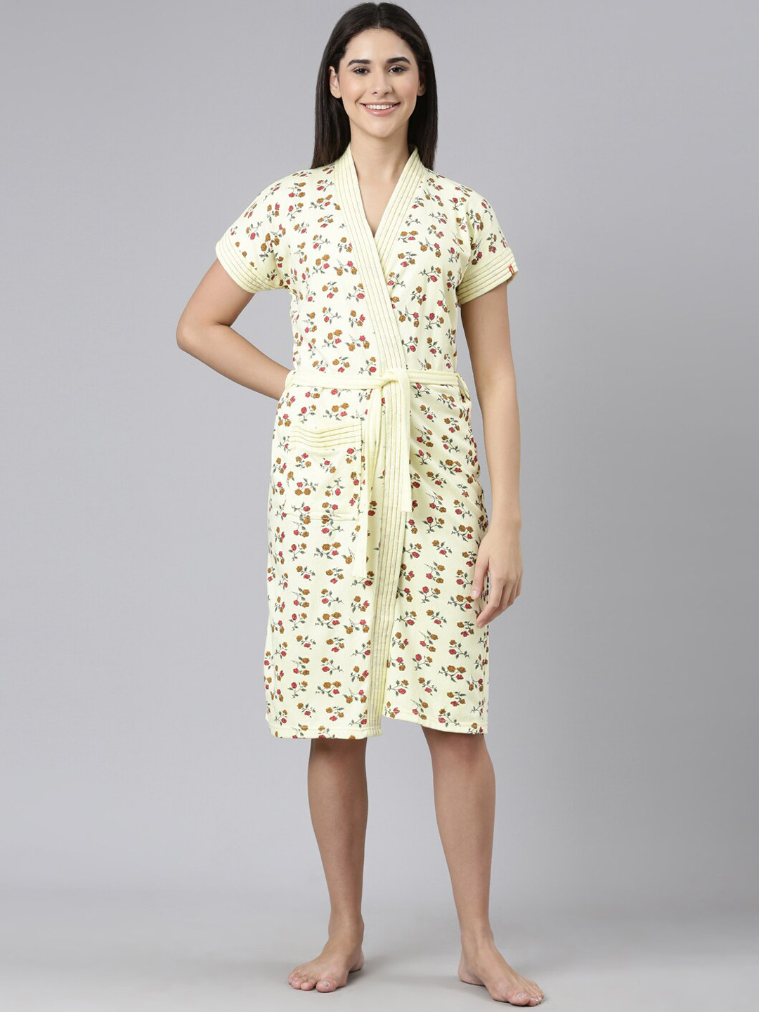 GOLDSTROMS Yellow Floral Cotton Drawstring Knee Length Bath Robe