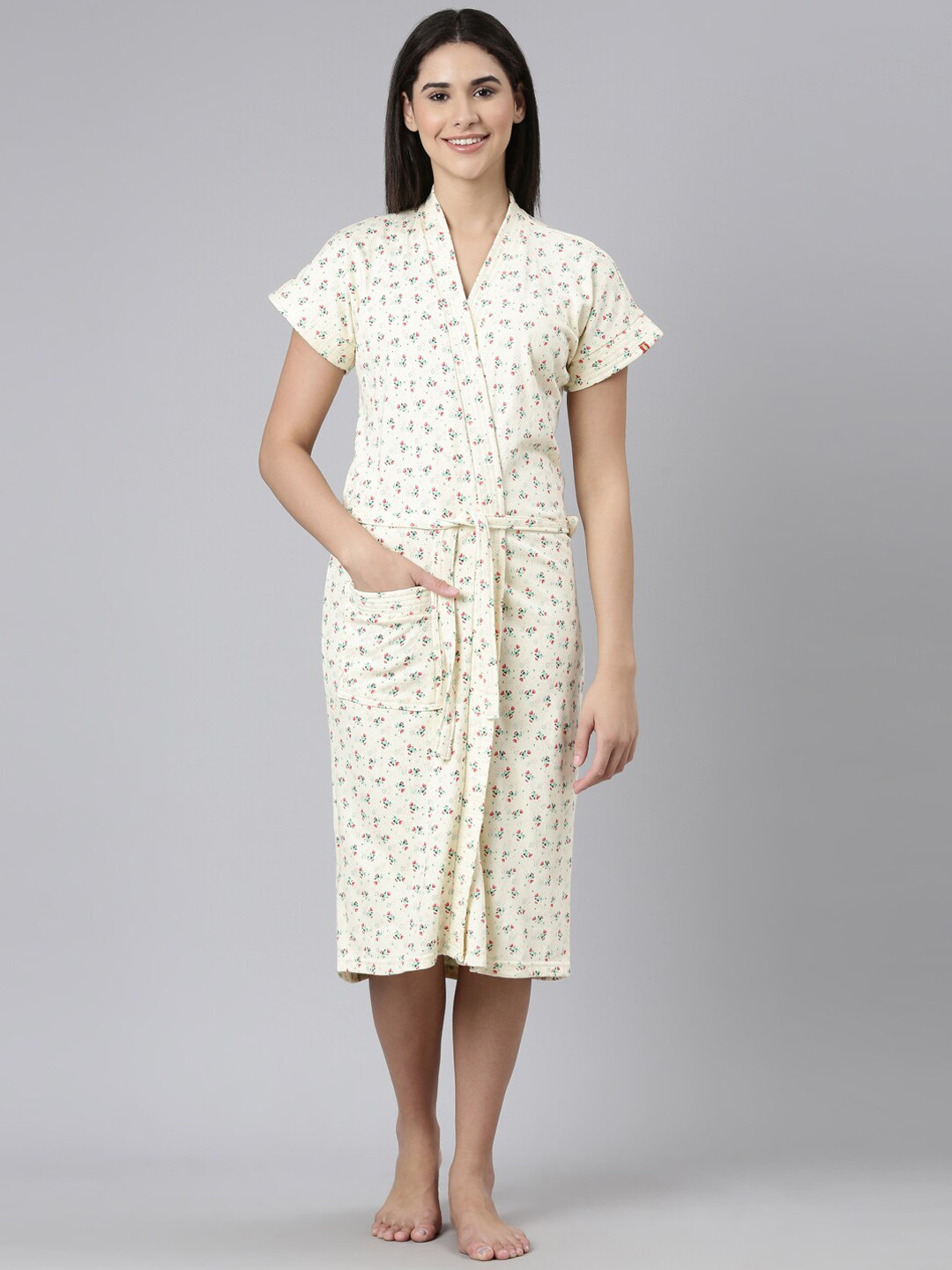 GOLDSTROMS Lime Green Floral Cotton Drawstring Knee Length Bath Robe
