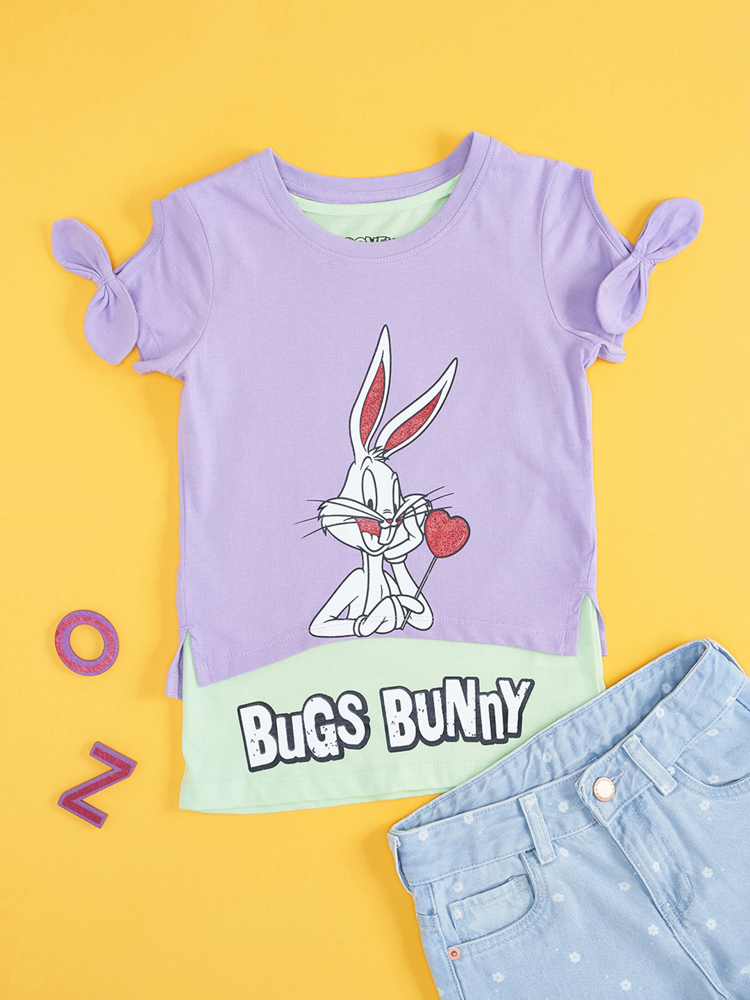 Pantaloons Junior Girls Bugs Bunny Printed Cap Sleeves Cotton T-shirt