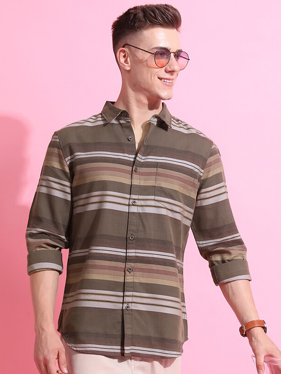 HIGHLANDER Olive Green Slim Fit Multi Stripes Cotton Casual Shirt