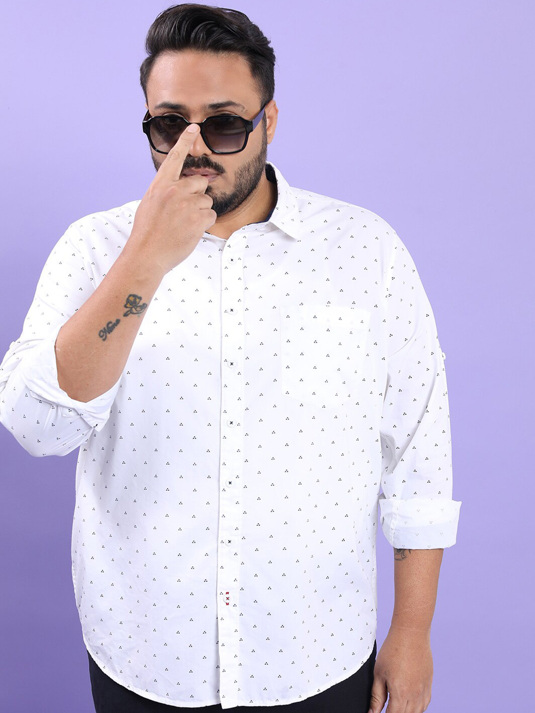 HIGHLANDER Plus Size White Micro Ditsy Printed Spread Collar Cotton Casual Shirt