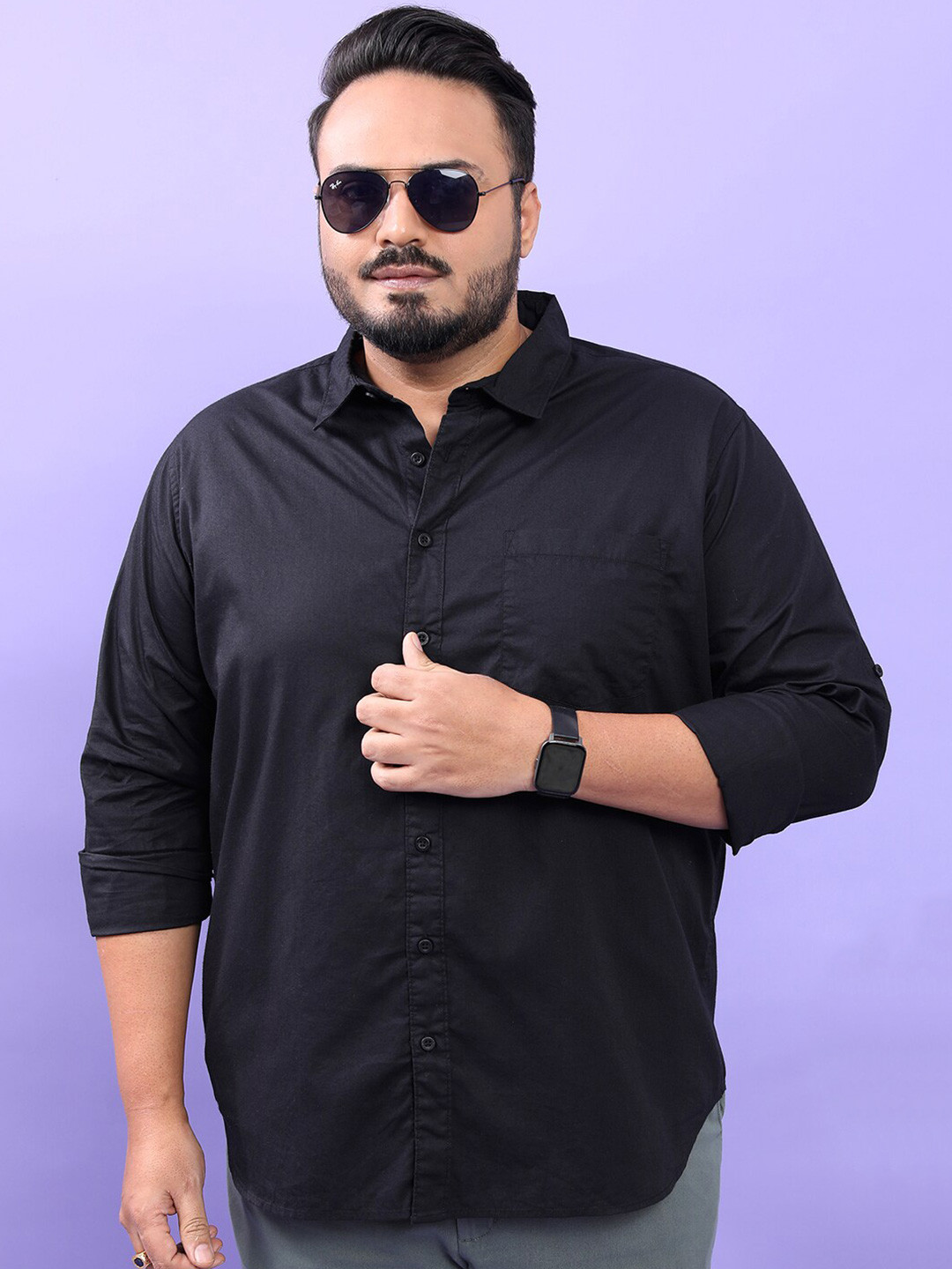 HIGHLANDER Plus Size Black Spread Collar Long Sleeves Cotton Casual Shirt