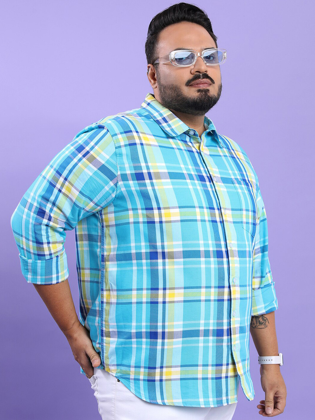 HIGHLANDER Plus Size Blue Tartan Checks Spread Collar Long Sleeves Casual Shirt