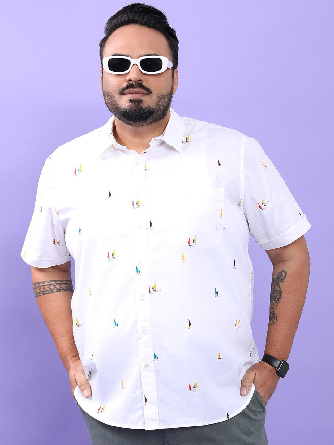 HIGHLANDER Plus Size White Conversational Printed Spread Collar Casual Shirt