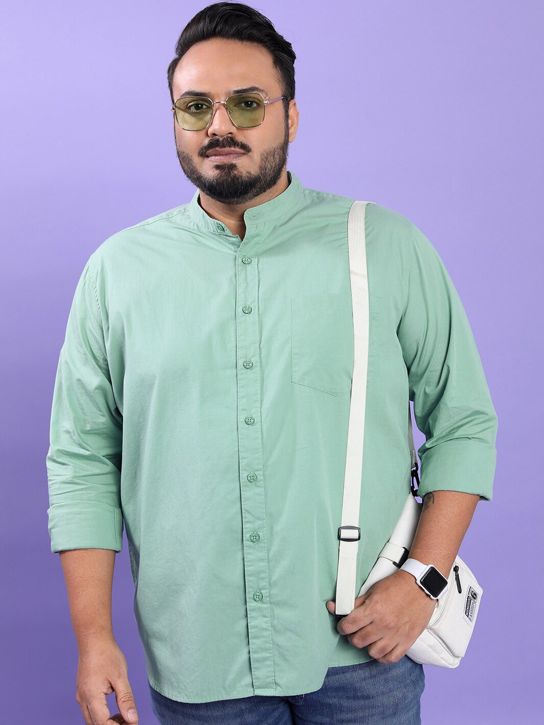 HIGHLANDER Plus Size Green Band Collar Long Sleeves Cotton Casual Shirt