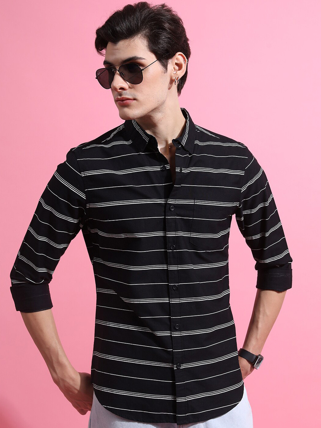 HIGHLANDER Black Horizontal Stripes Spread Collar Cotton Casual Slim Fit Shirt