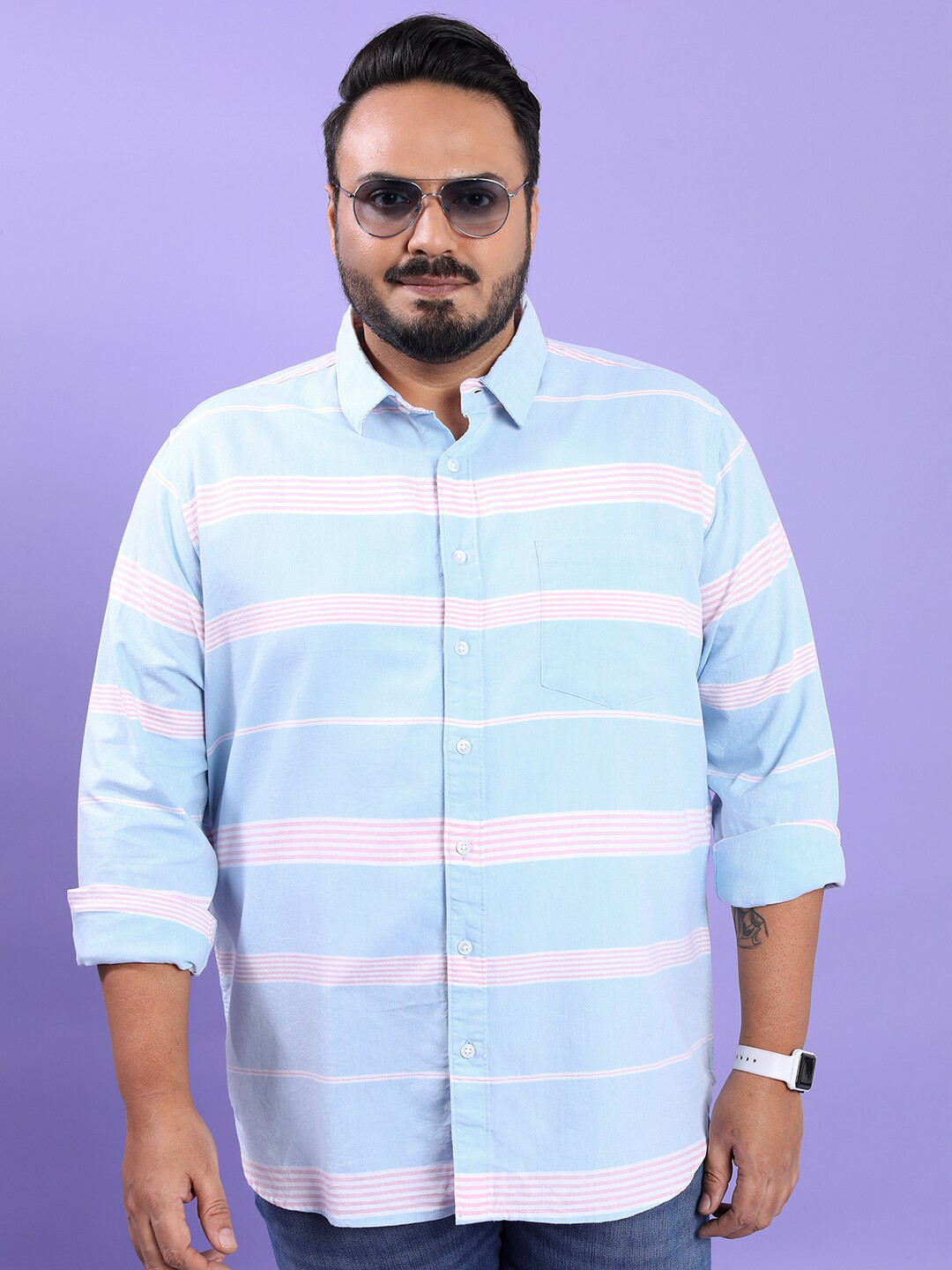 HIGHLANDER Plus Size Blue Horizontal Striped Spread Collar Regular Fit Casual Shirt