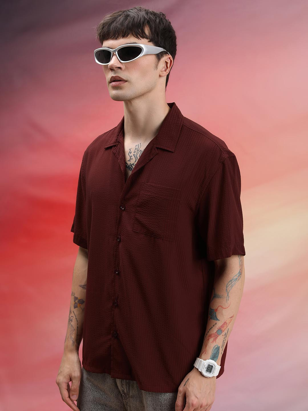HIGHLANDER Rust Spread Collar Oversized Casual Shirt