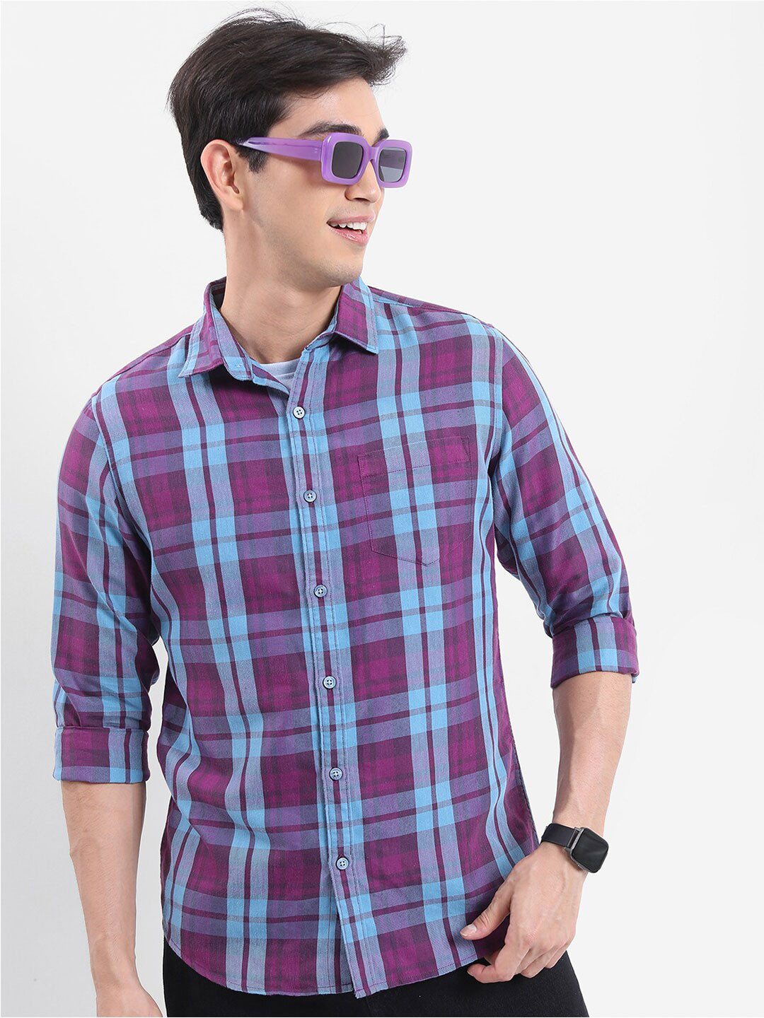 HIGHLANDER Burgundy & Blue Tartan Checked Slim Fit Twill Weave Casual Shirt