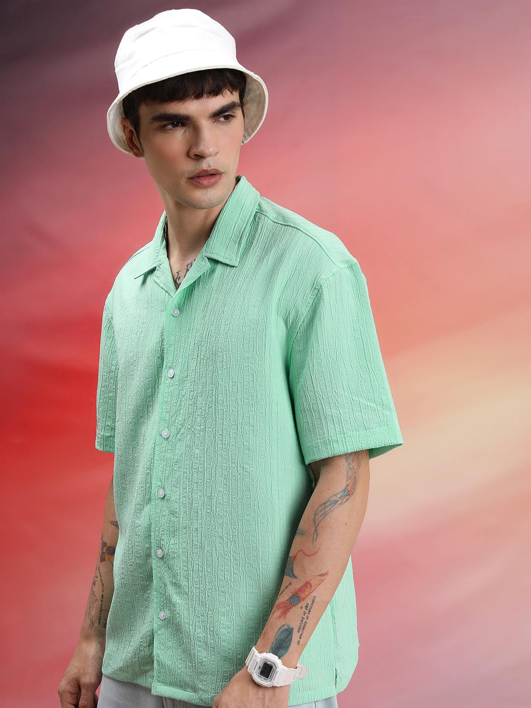 HIGHLANDER Green Spread Collar Oversized Casual Shirt