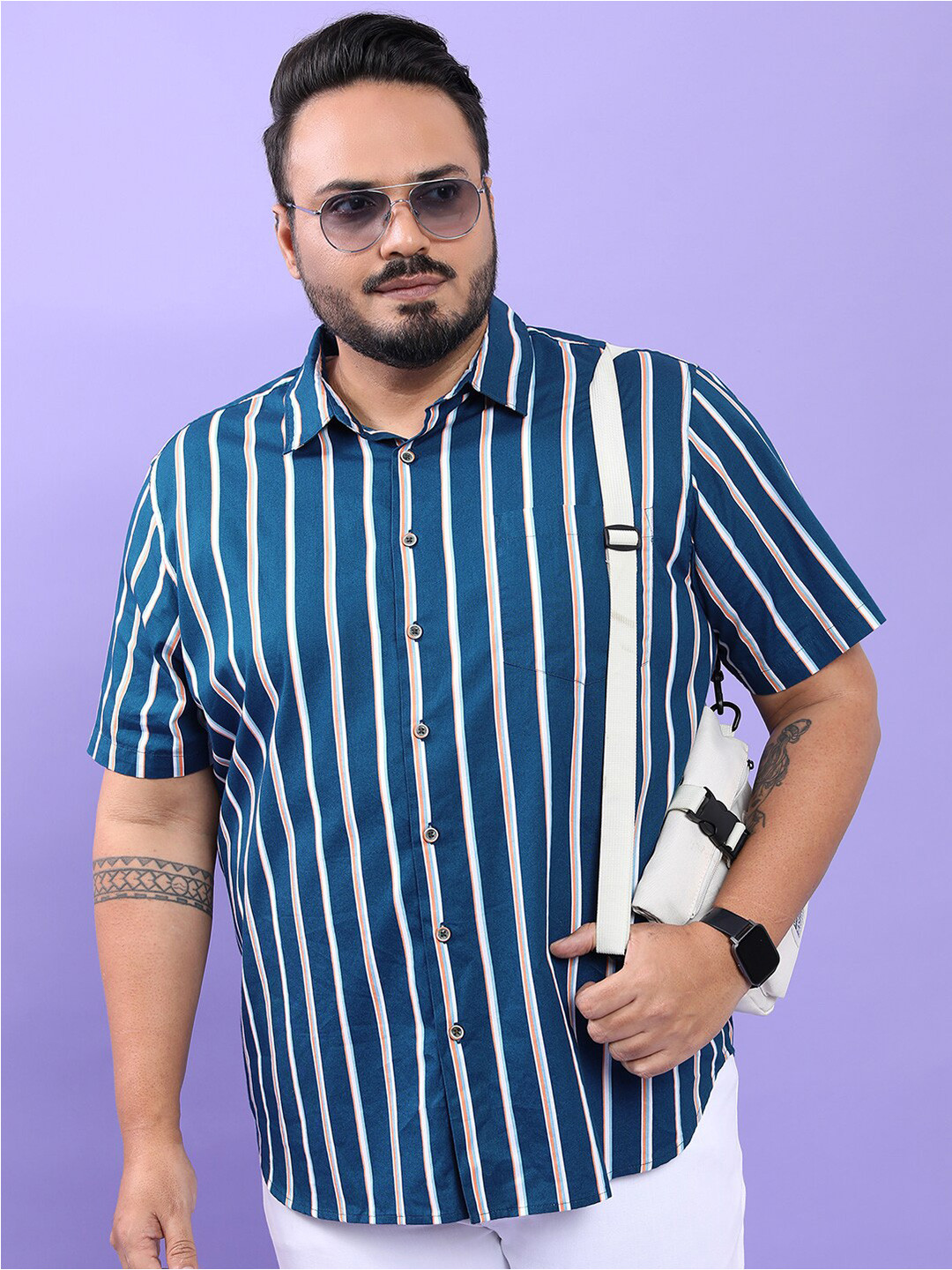 HIGHLANDER Men Plus Size Pus Size Striped Spread Collar Regular Fit Cotton Casual Shirt