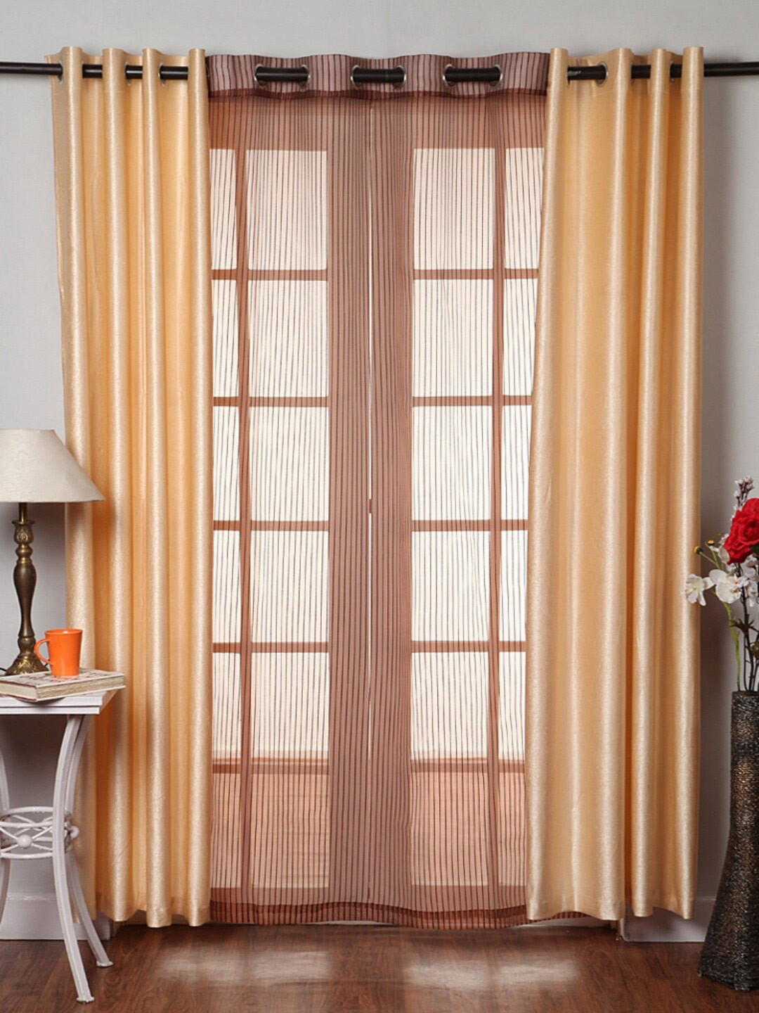 Homefab India Beige & White 3 Pieces Sheer Window Curtains