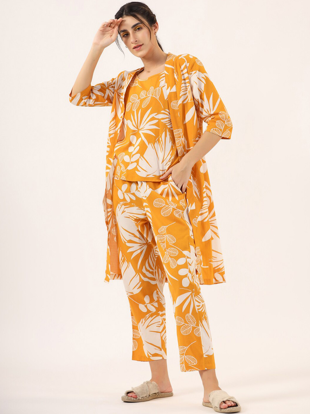 SANSKRUTIHOMES Mustard Yellow Floral Printed Pure Cotton Top & Trouser with Shrug
