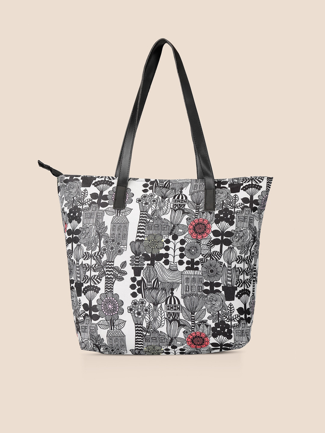 DressBerry White & Black Floral Printed Shopper Tote Bag