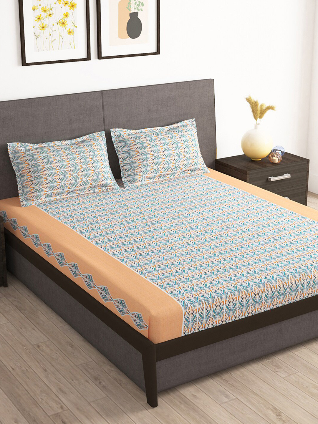 Story@home Tango Blue Ethnic Motifs Microfiber 240 TC King Fine Bedsheet with 2 Pillow Covers-106 x 106 inches