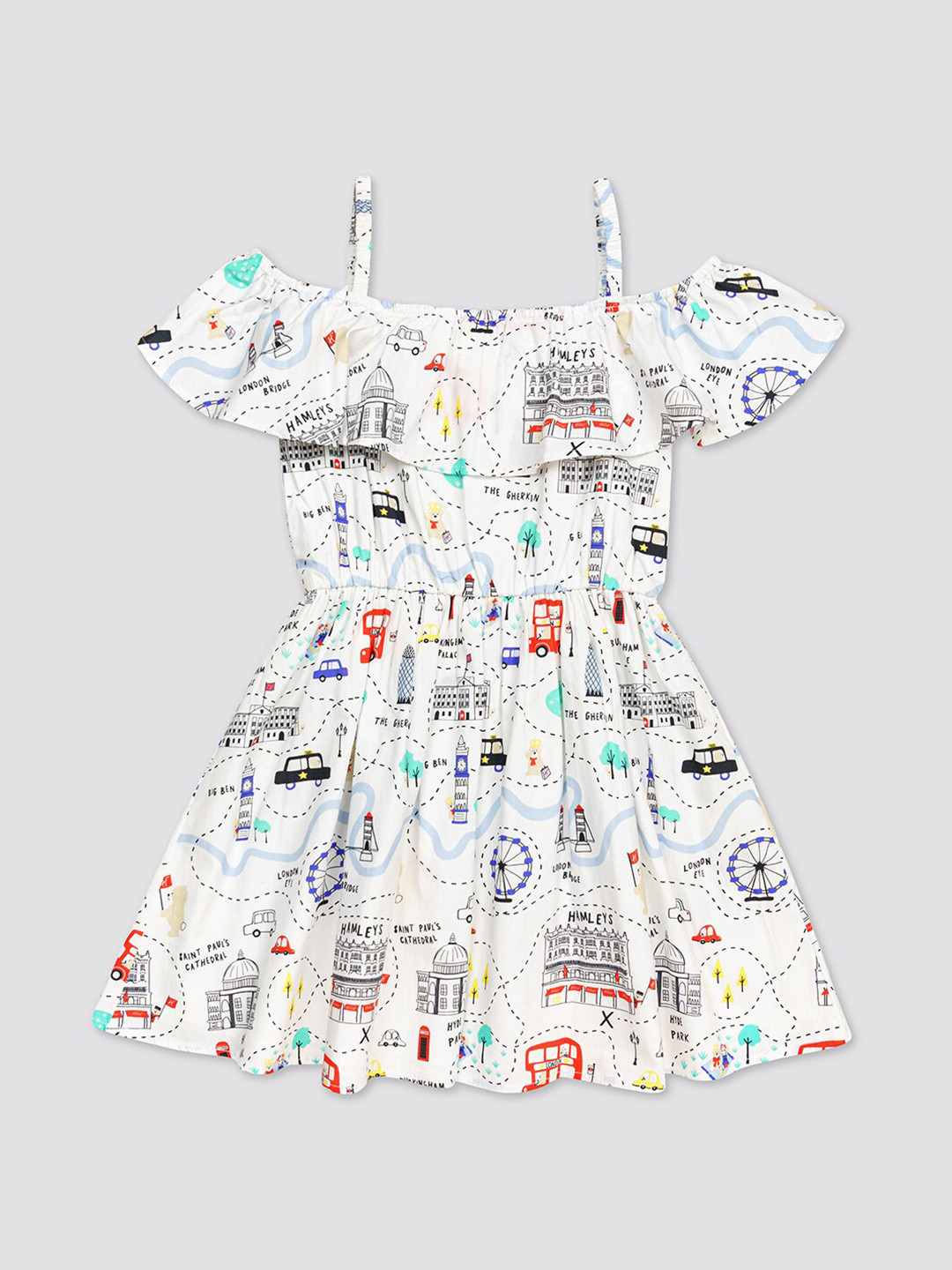 H By Hamleys Conversational Printed Cold-Shoulder Pure Cotton Fit & Flare Dress