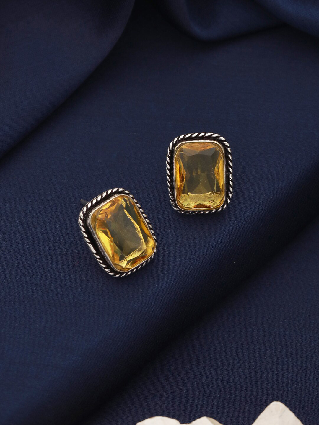 Saraf RS Jewellery Rhodium Plated Stone Studded Square Shaped Stud Earrings