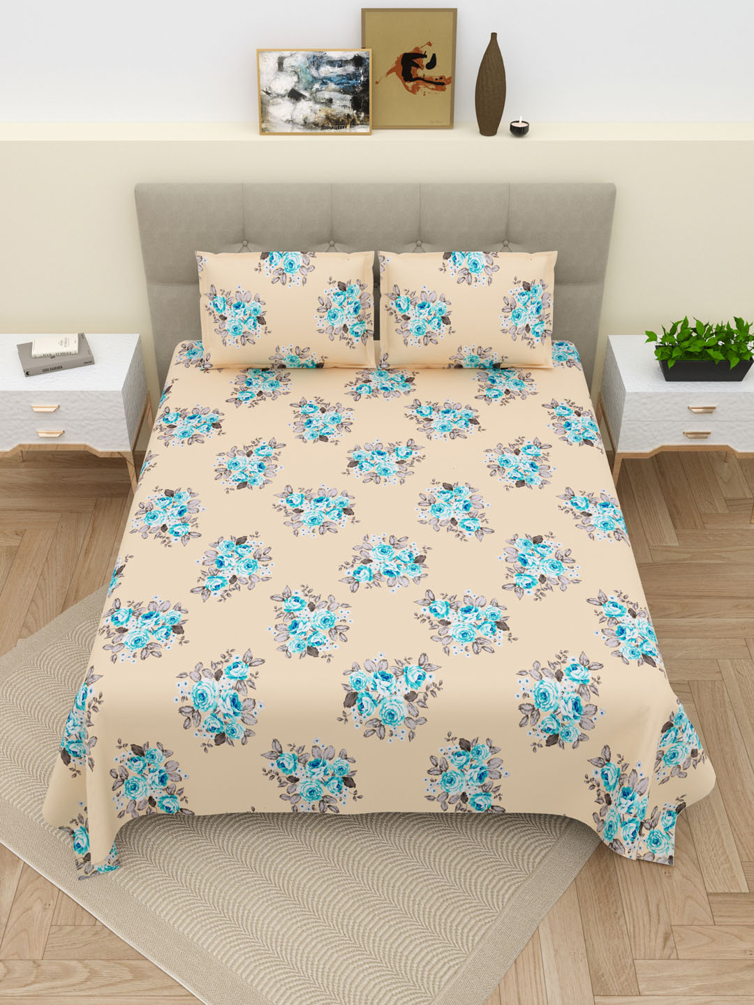 DREAM WEAVERZ Yellow & Blue Floral Pure Cotton 220 TC King Bedsheet With 2 Pillow Covers