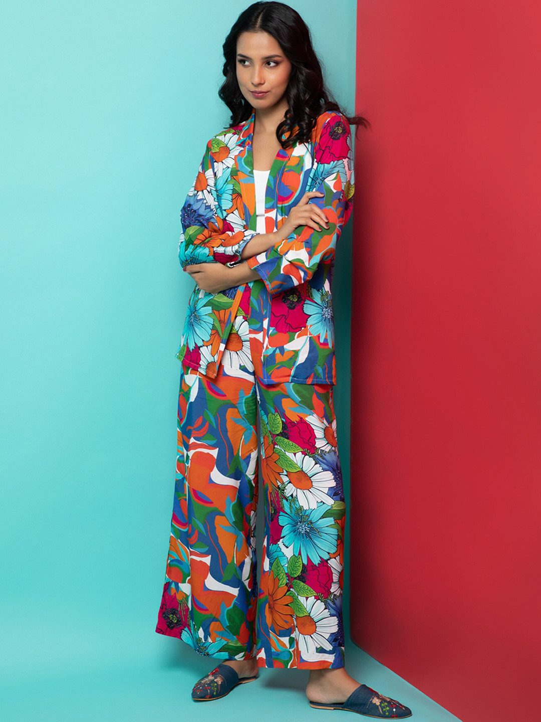 Rhe-Ana Floral Printed Coat & Palazzos Co-Ords Set